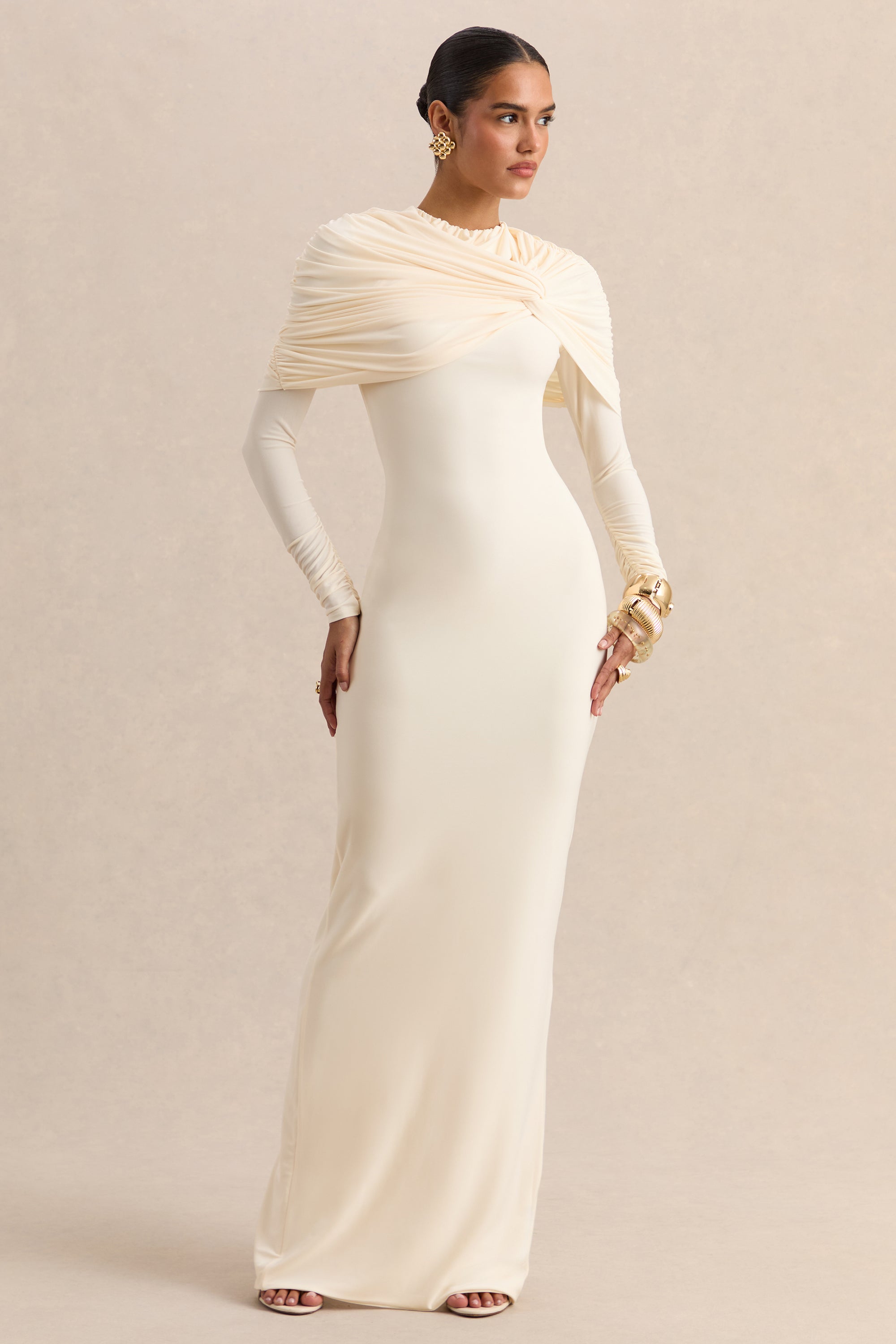 Evessa | Cream High-Neck Maxi Dress With Gathered-Detailing – Club L London