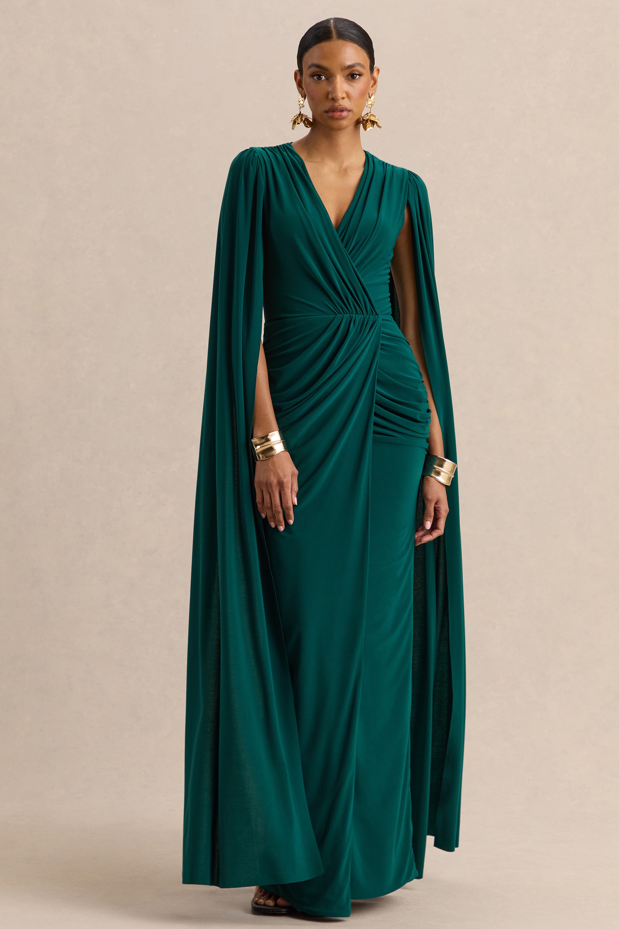 ECM_HR_CL137702030  - Ulissia Bottle Green V-Neck Maxi Dress With Cape-Sleeves 0 (1).jpg