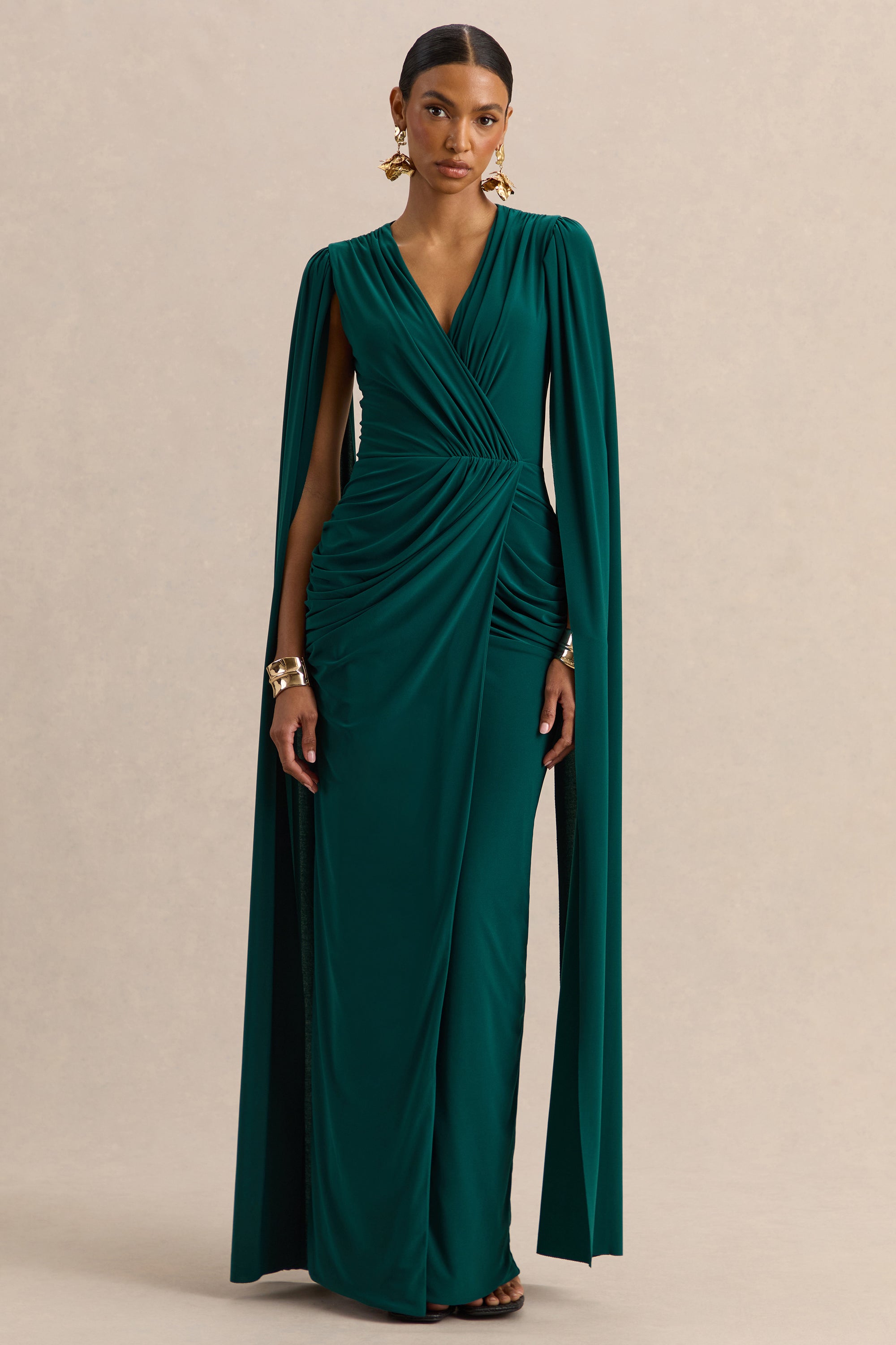 ECM_HR_CL137702030  - Ulissia Bottle Green V-Neck Maxi Dress With Cape-Sleeves 2.jpg