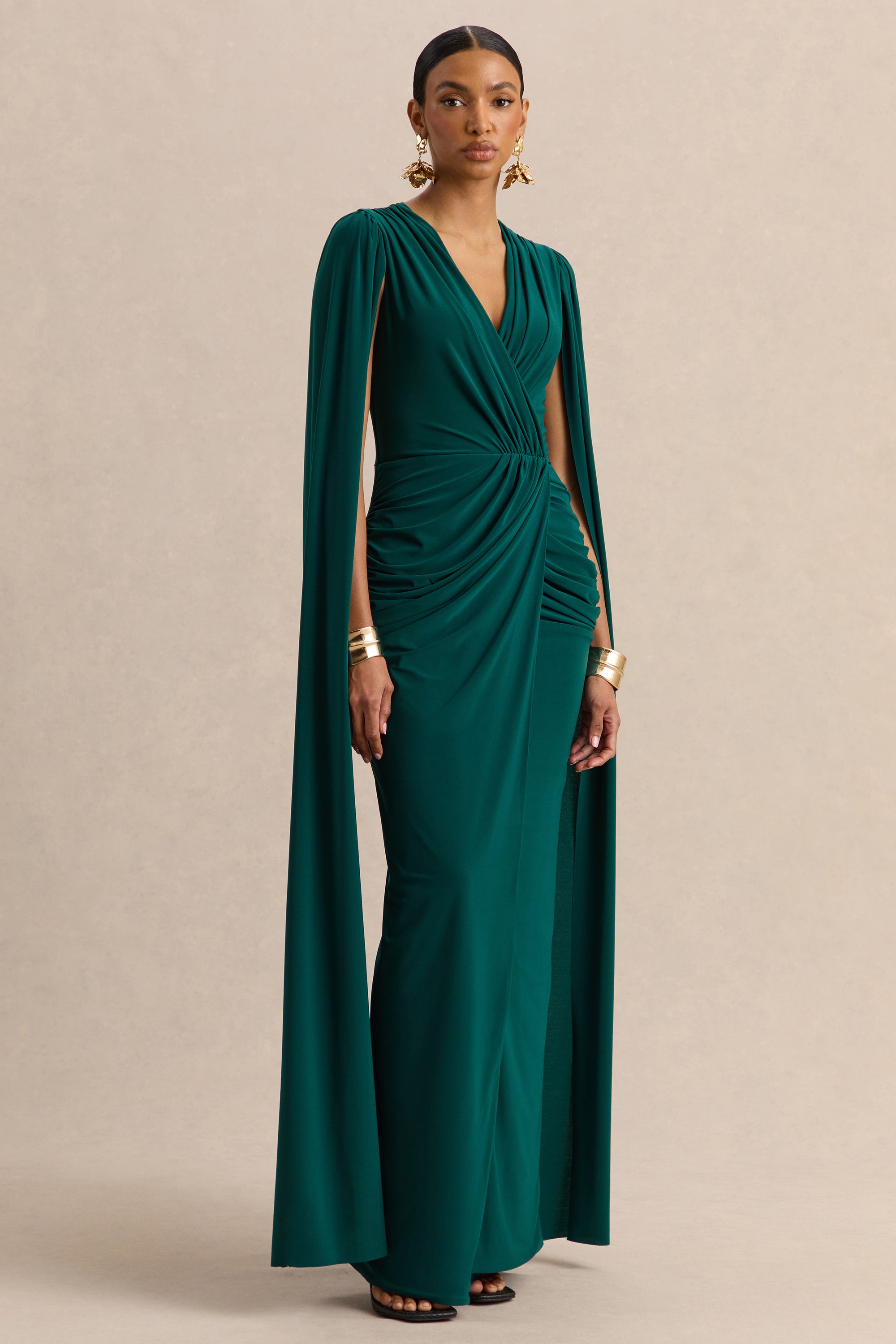 ECM_HR_CL137702030  - Ulissia Bottle Green V-Neck Maxi Dress With Cape-Sleeves 3.jpg