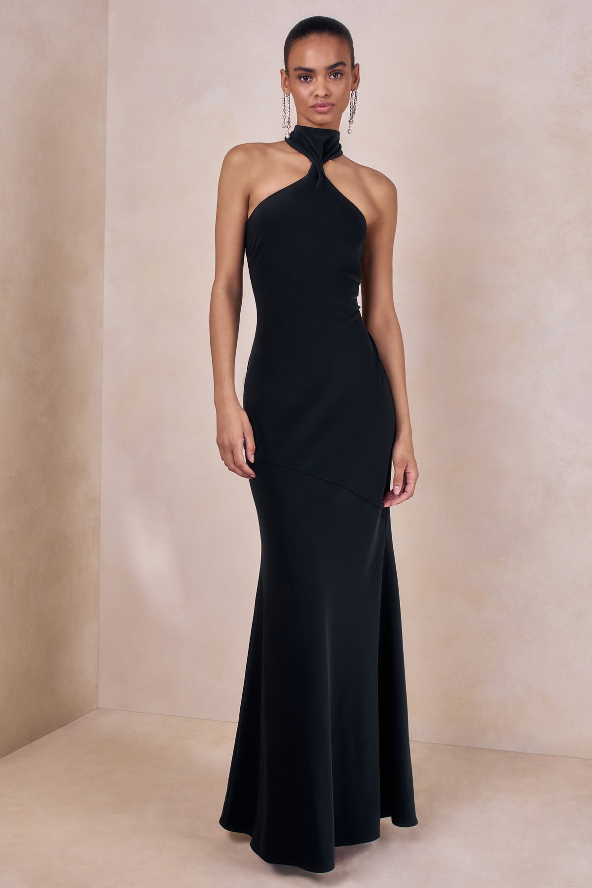 club l halter neck maxi dress Rhoda | Black Twist Halter-Neck Cape Maxi Dress