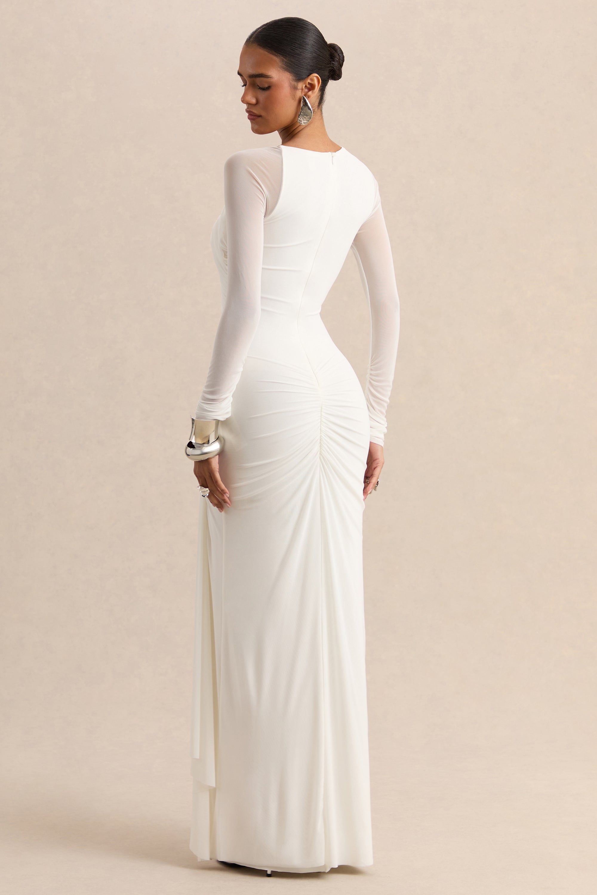 ECM-HR-CL137792110 - Rimena - White Asymmetric-Neck Maxi-Dress With Gathered Detailing And Mesh Long-Sleeves 05.jpg