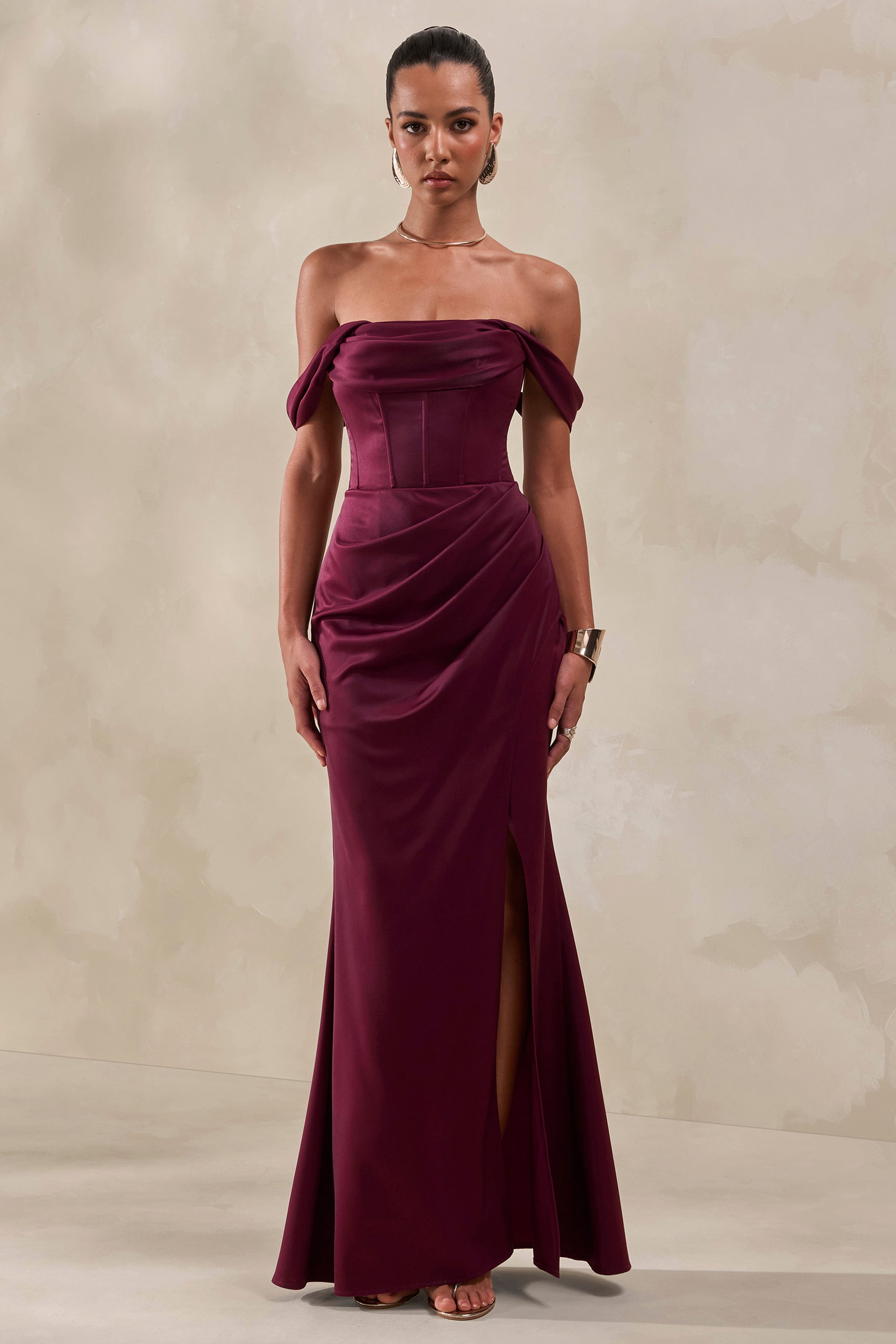 Celinea | Burgundy Satin Bardot-Neck Maxi Dress With Front-High Split – Club L London