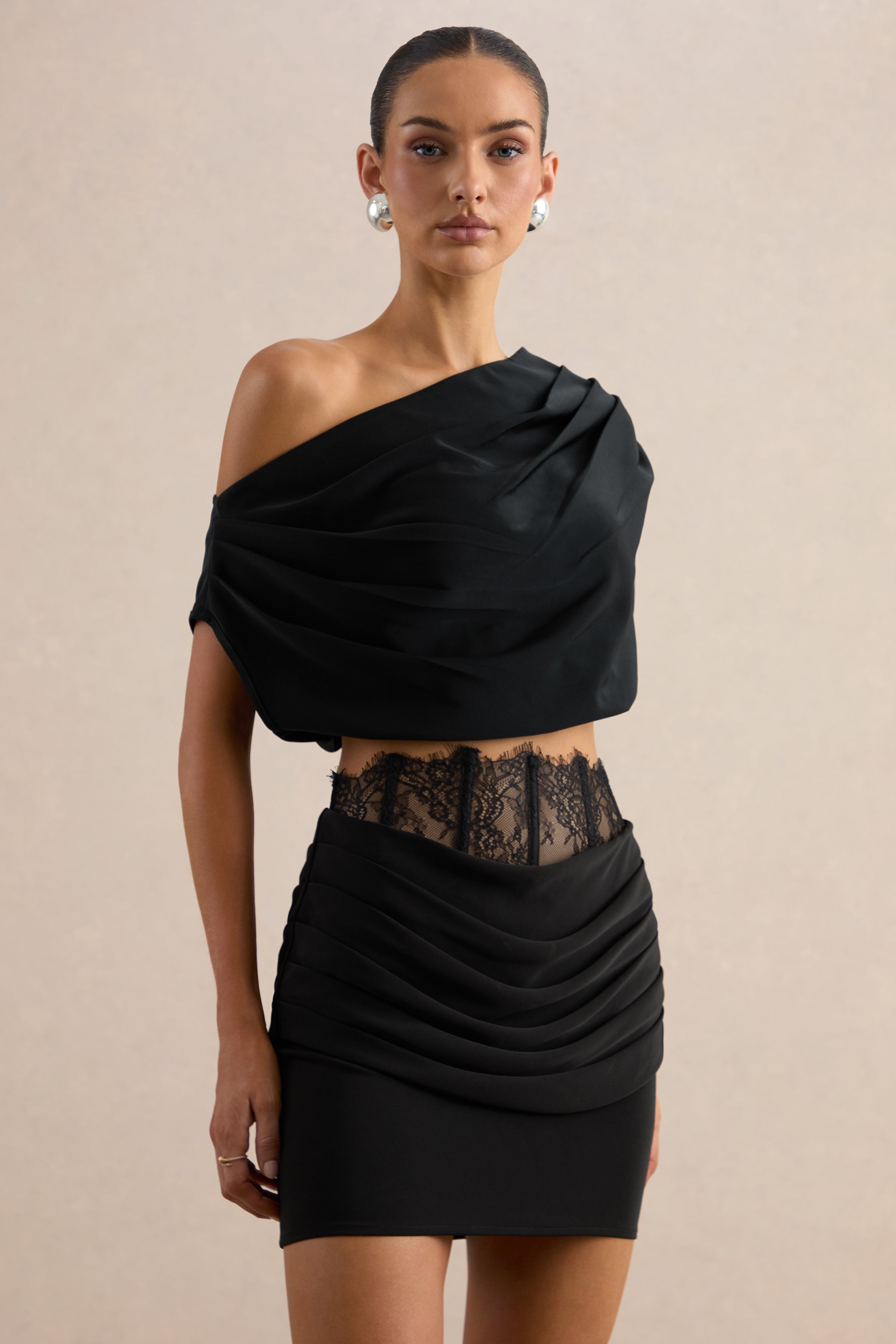 Yaselle | Black Satin Asymmetric-Neck Crop-Top – Club L London - SA