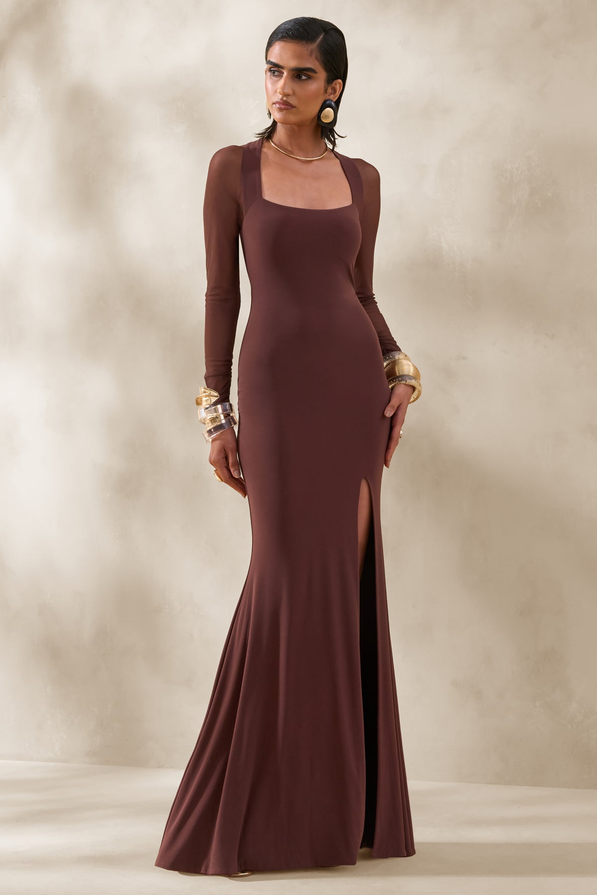 Renalia Brown Square-Neck Maxi Dress With Mesh Long-Sleeves – Club L London 