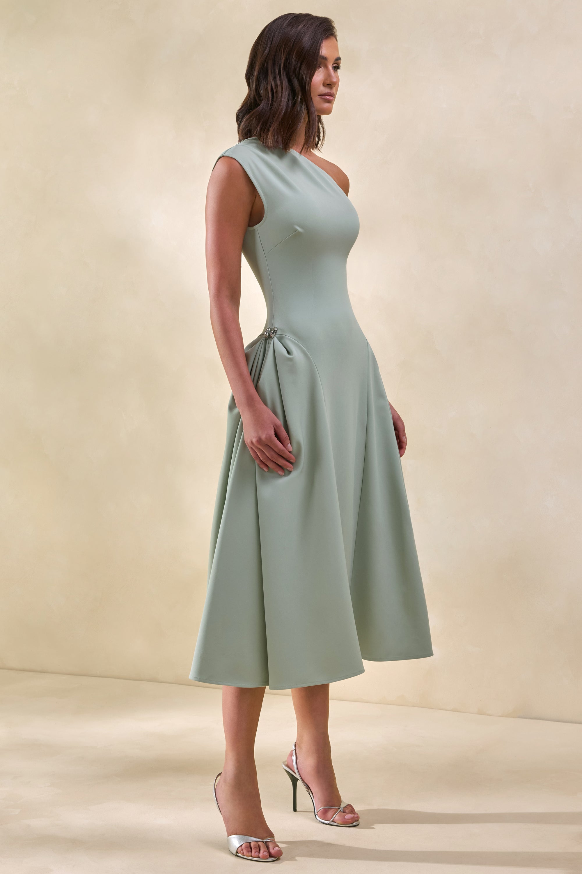 Celosia | Sage Asymmetric-Neck Midi Dress With Silver Detailing – Club L London