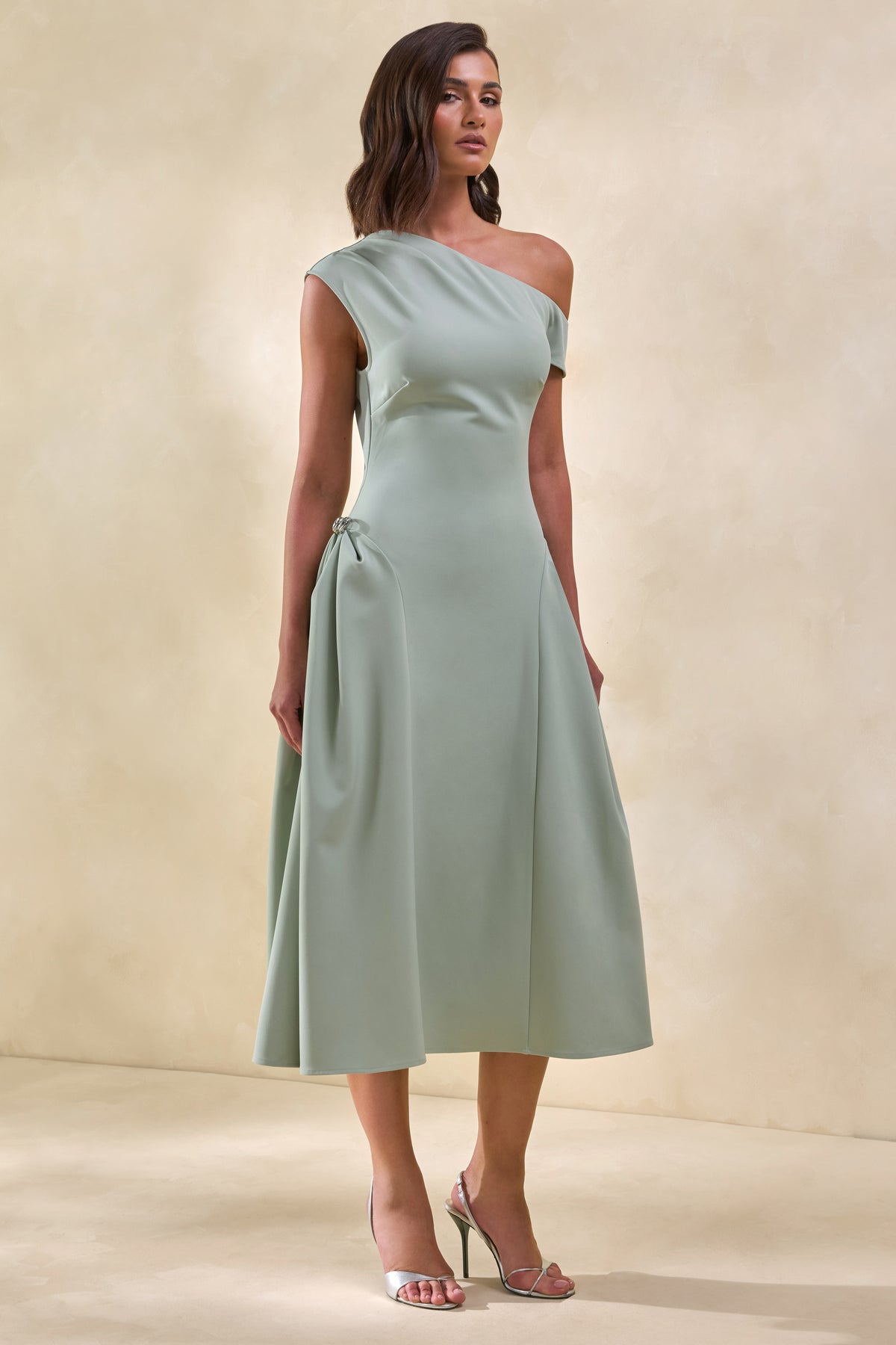 asymmetric neck midi dress Daring | Olive Asymmetric-Neck Midi Dress With Knot-Detail