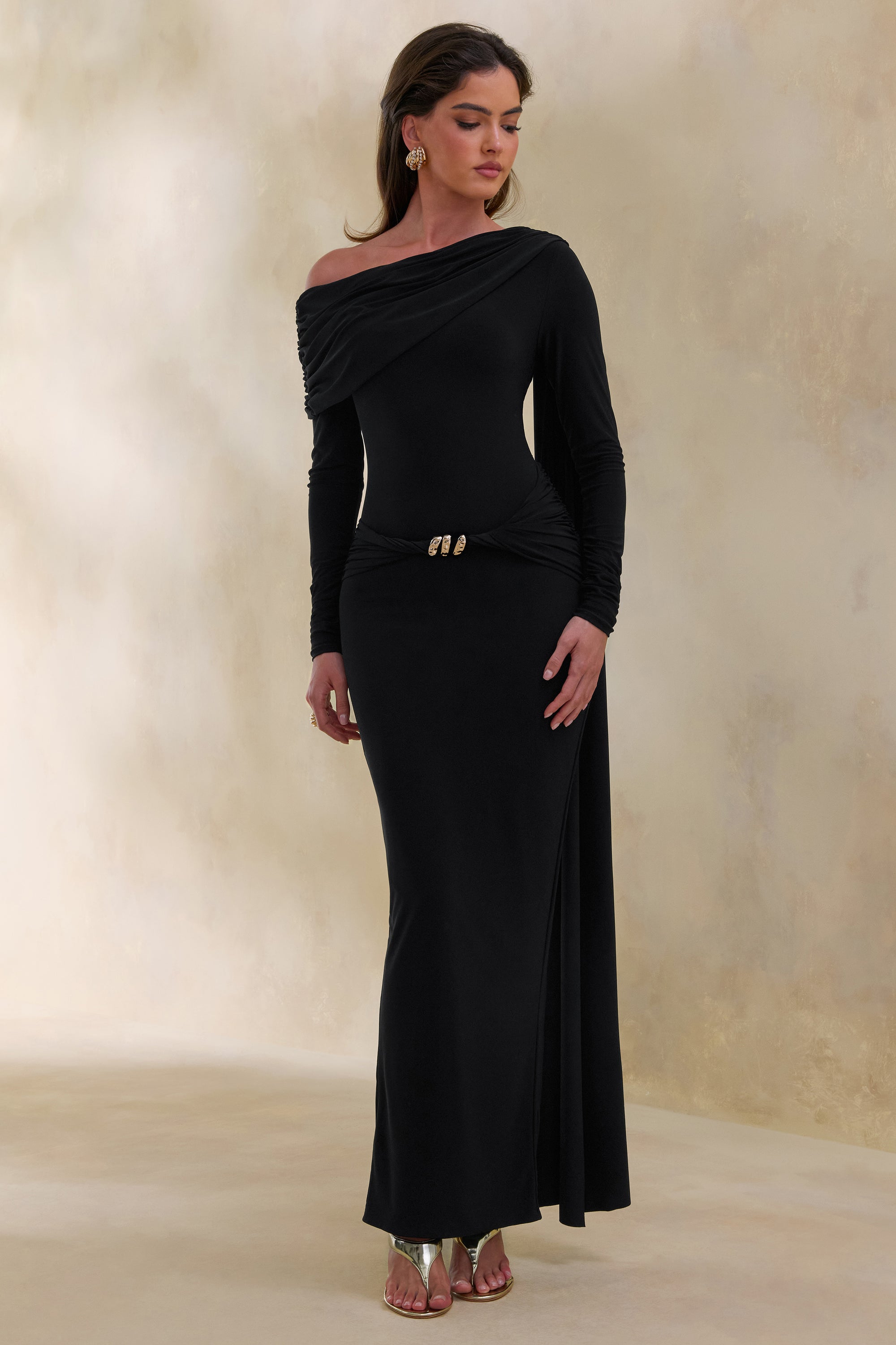 ECM_HR_CL137876001 - Bessy _ Black Asymmetric-Neck Maxi Dress With Gathered-Detailing And Sash 2.jpg