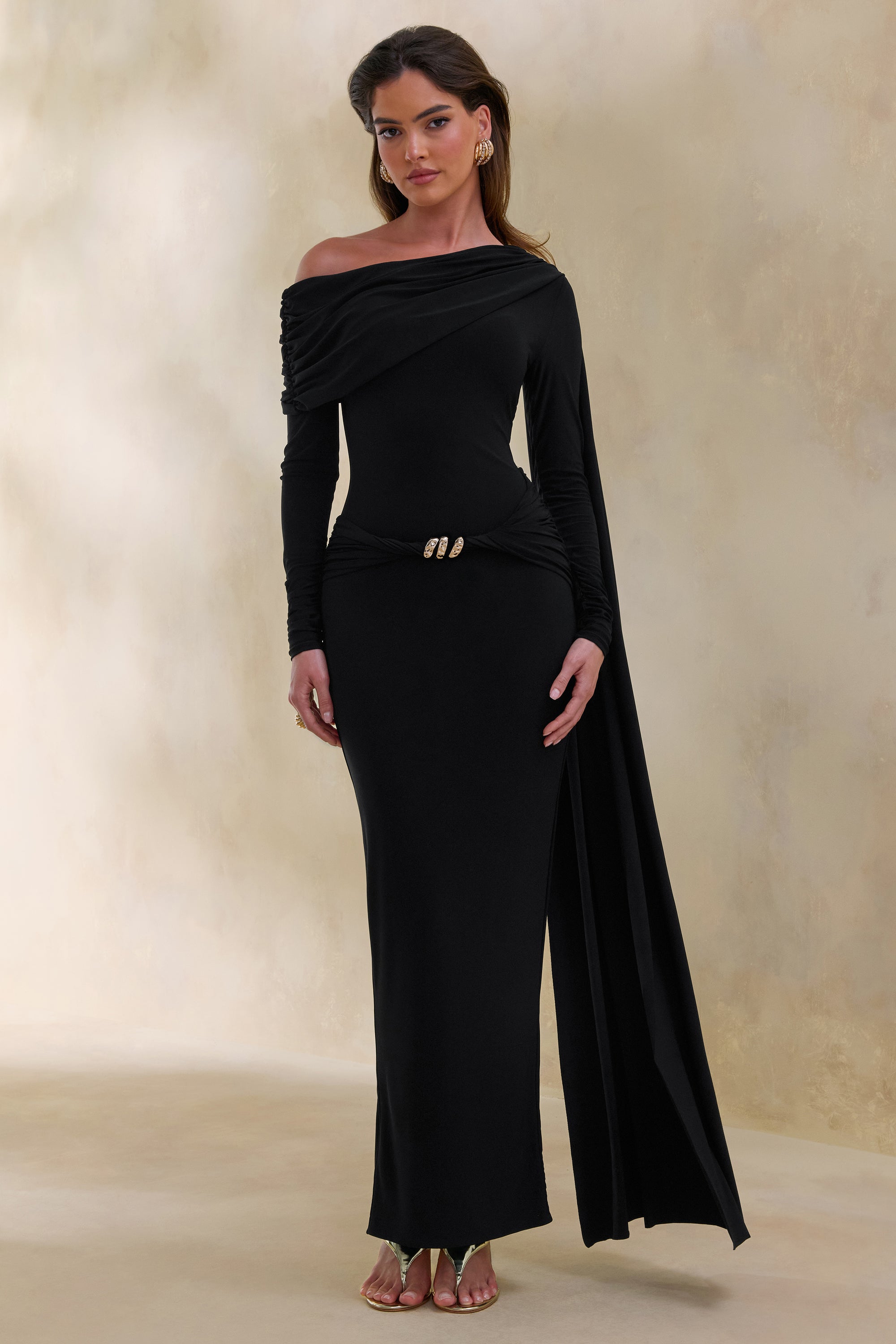 ECM_HR_CL137876001 - Bessy _ Black Asymmetric-Neck Maxi Dress With Gathered-Detailing And Sash 3.jpg