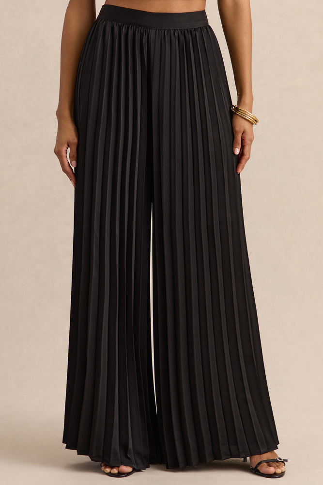 Lerenza Black Satin Wide-Leg Pleated Trousers – Club L London - SA