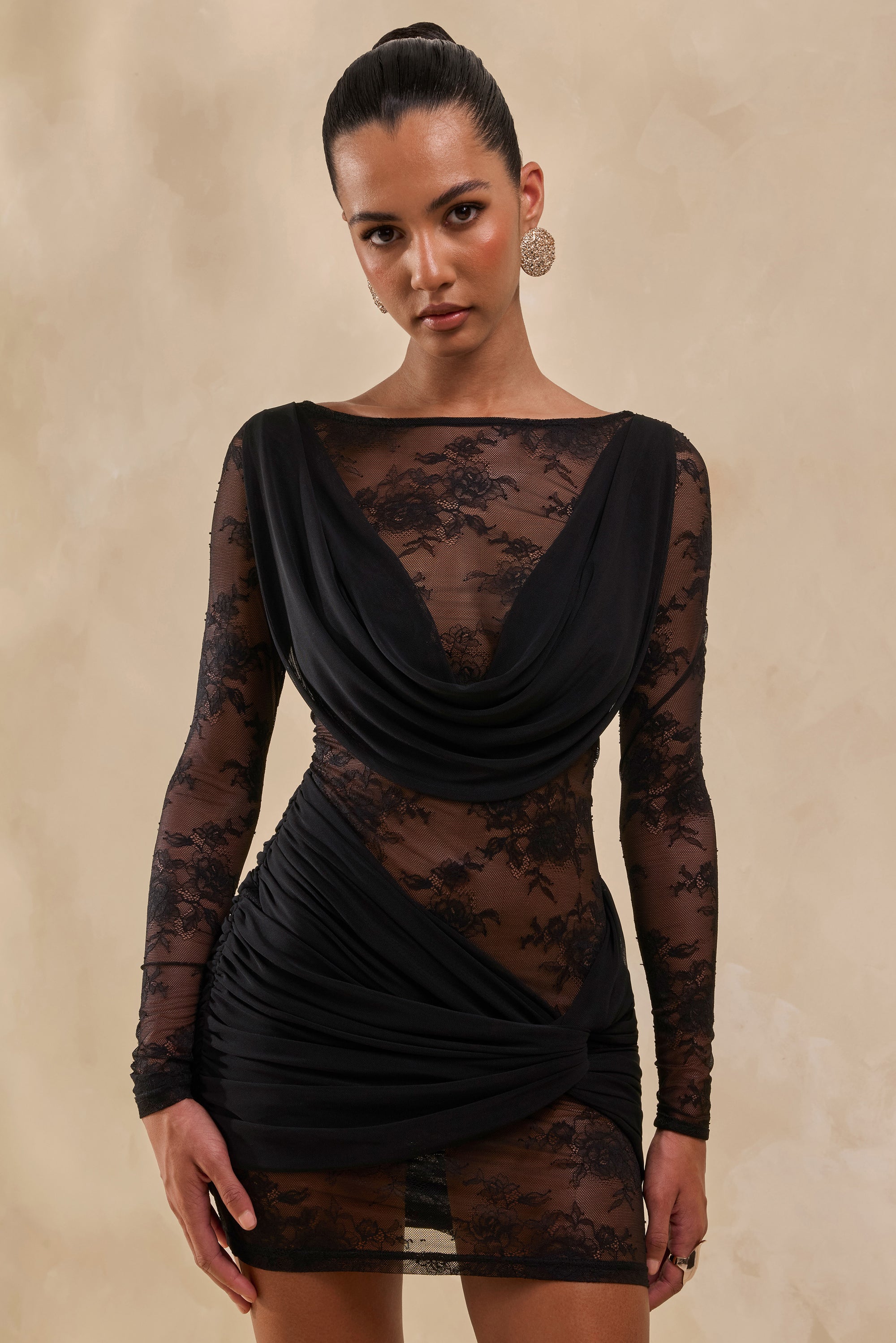 ECM_HR_CL137980001 - Olaria _ Black Lace Bardot-Neck Mini Dress With Gathered-Detailing0.jpg
