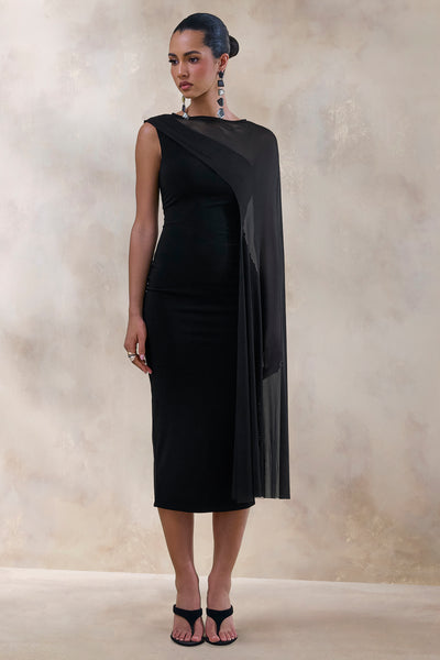 Caloria | Black Asymmetric-Neck Midi Dress With Mesh-Cape – Club L London