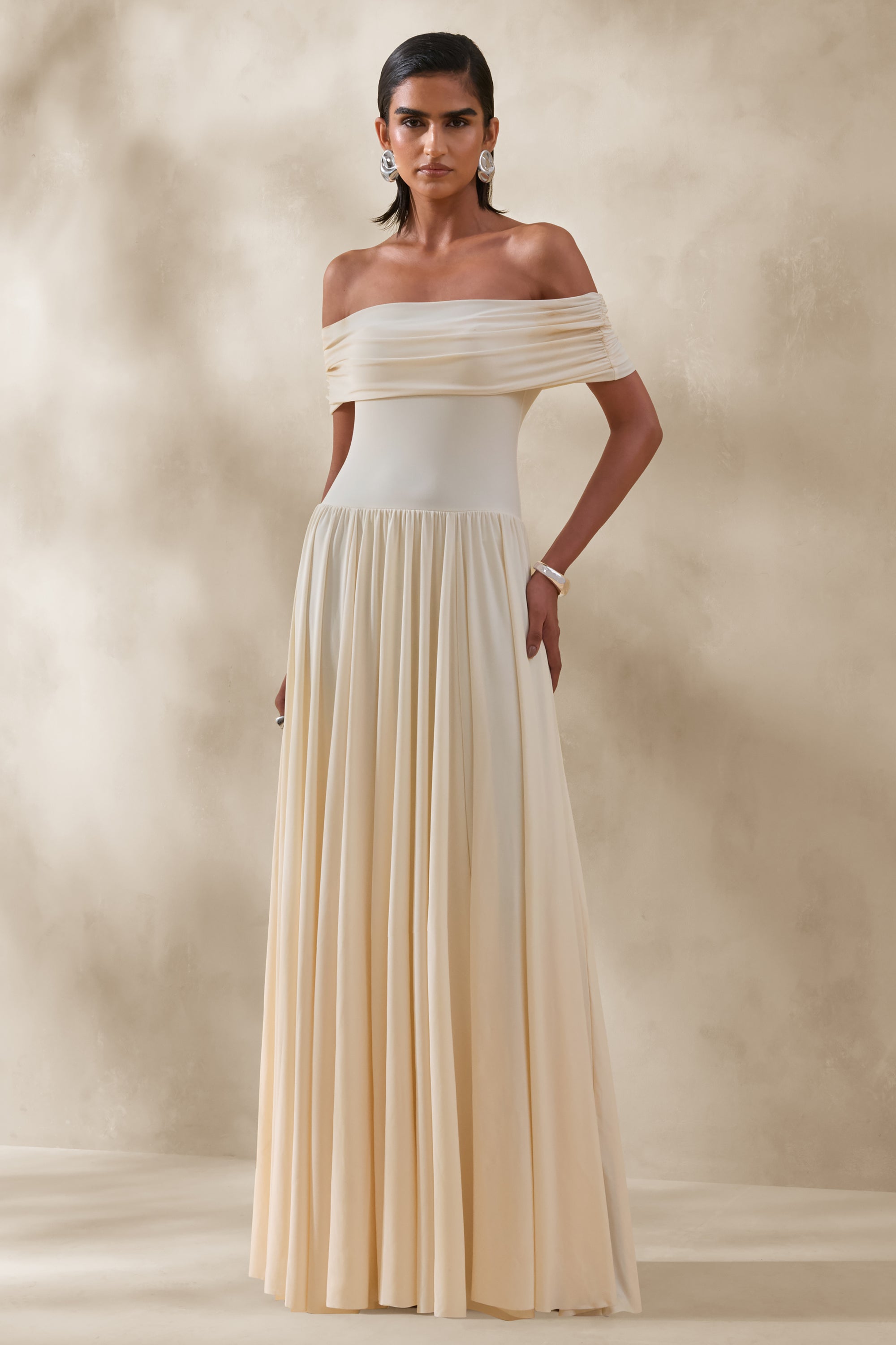 Cindie | Cream Bardot-Neck Maxi Dress – Club L London