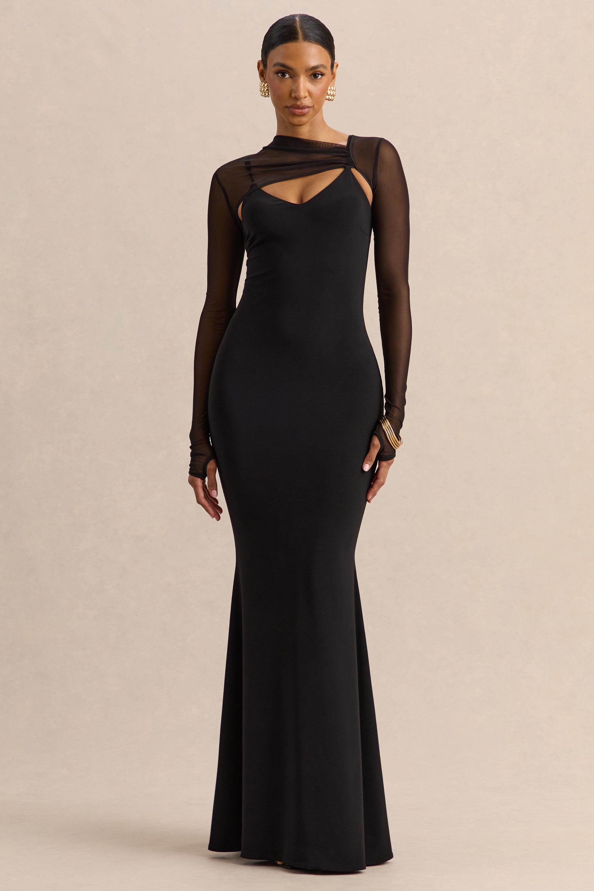 ECM_HR_CL138055001 - Coralia - Black Asymmetric-Neck Maxi Dress With Mesh Long-Sleeves - 21.jpg