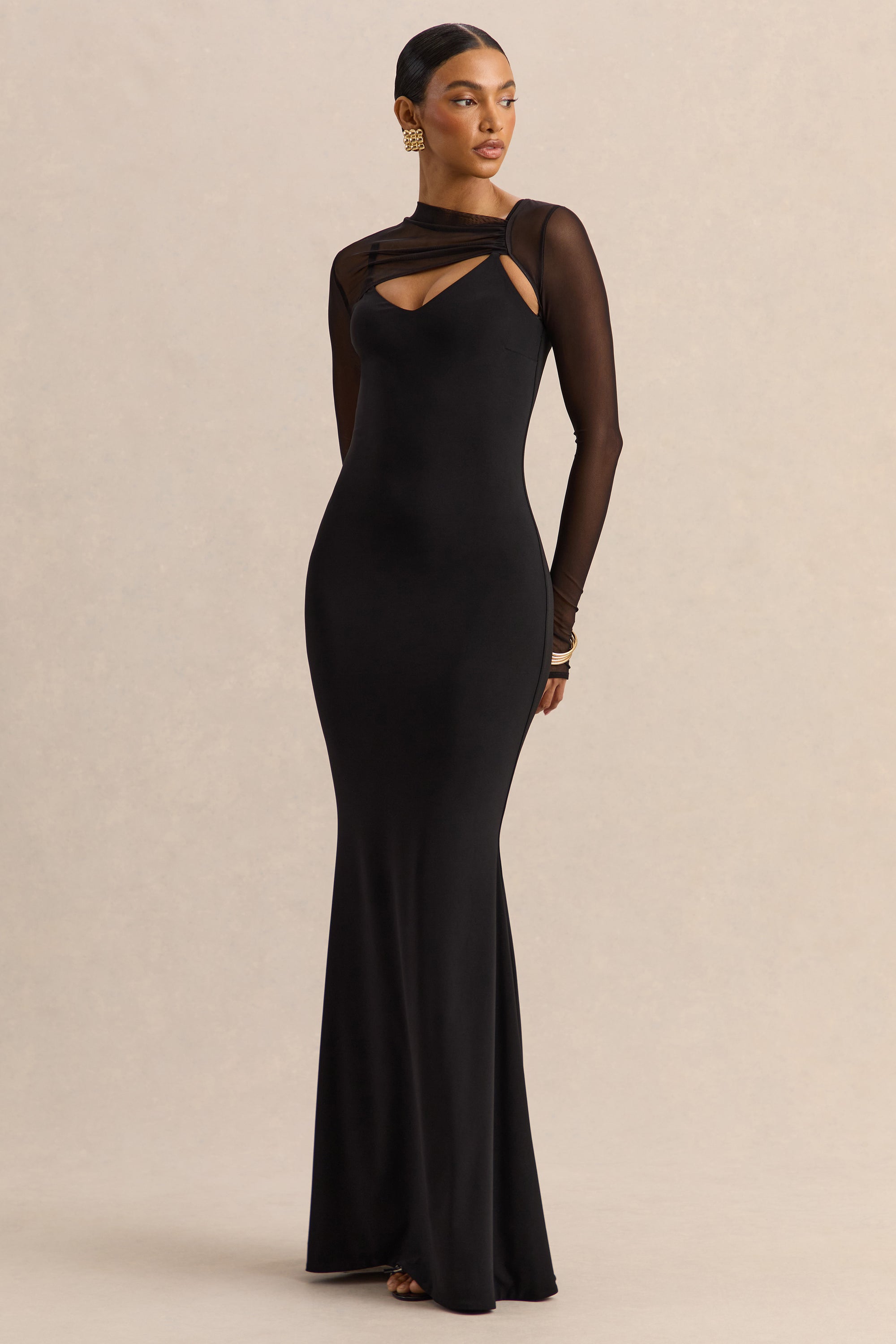 ECM_HR_CL138055001 - Coralia - Black Asymmetric-Neck Maxi Dress With Mesh Long-Sleeves - 24.jpg