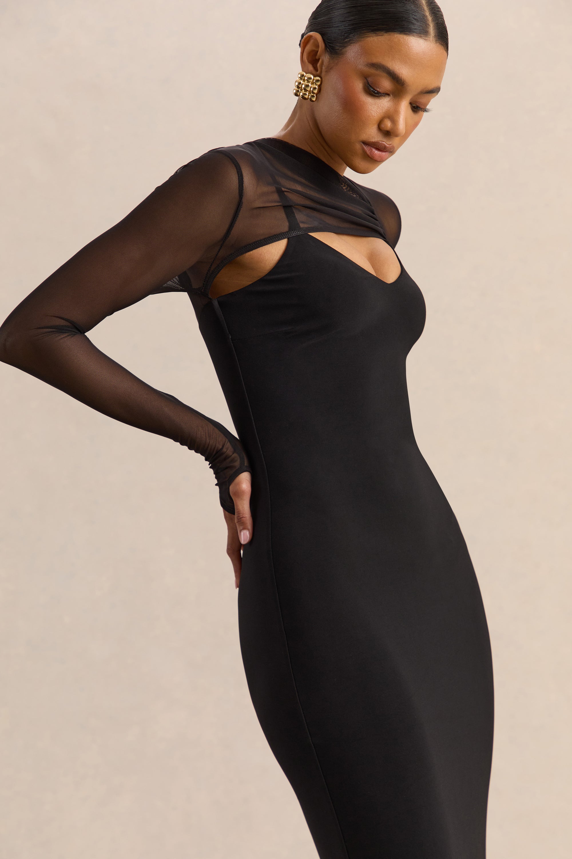 ECM_HR_CL138055001 - Coralia - Black Asymmetric-Neck Maxi Dress With Mesh Long-Sleeves - 26.jpg