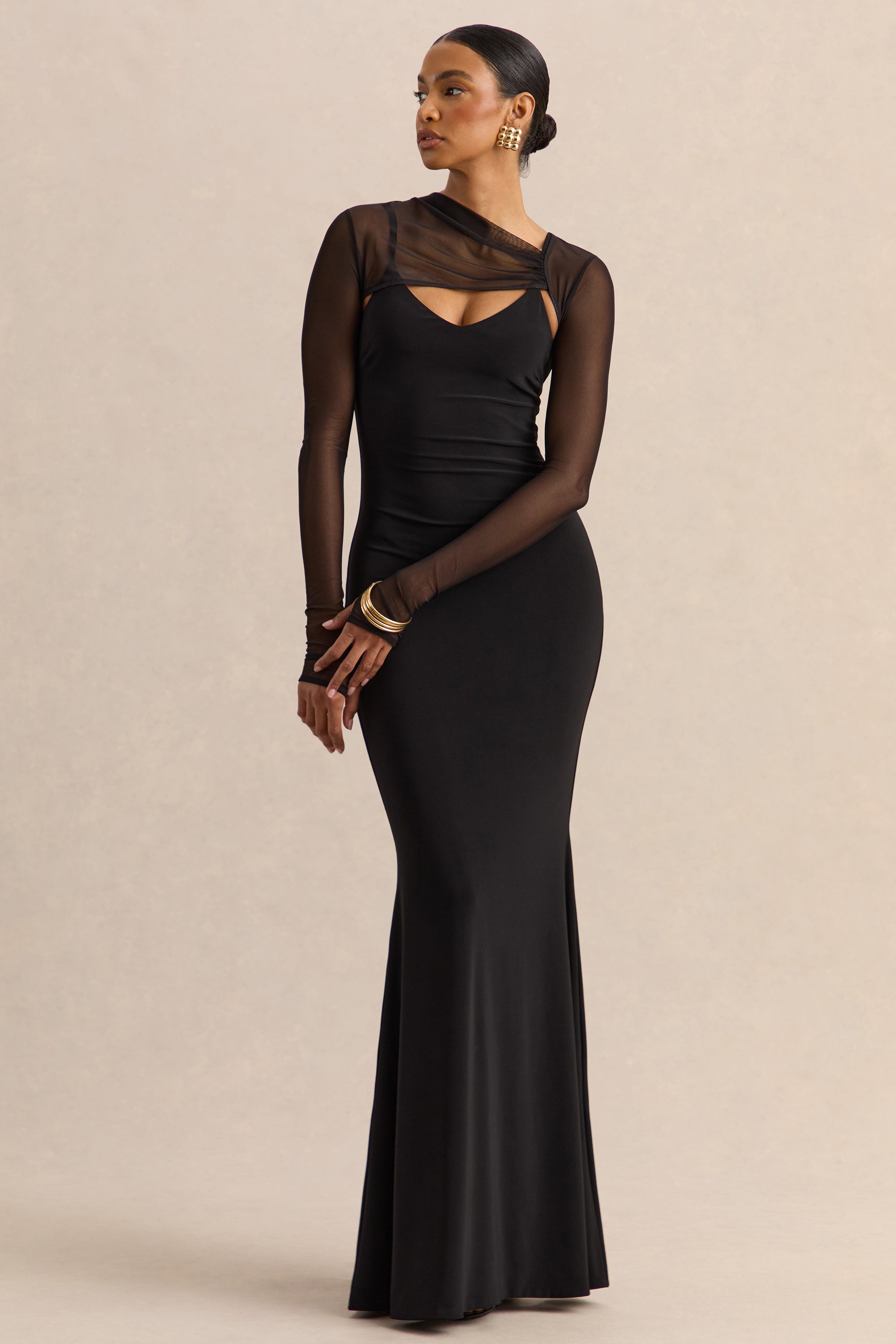 ECM_HR_CL138055001 - Coralia - Black Asymmetric-Neck Maxi Dress With Mesh Long-Sleeves - 27.jpg