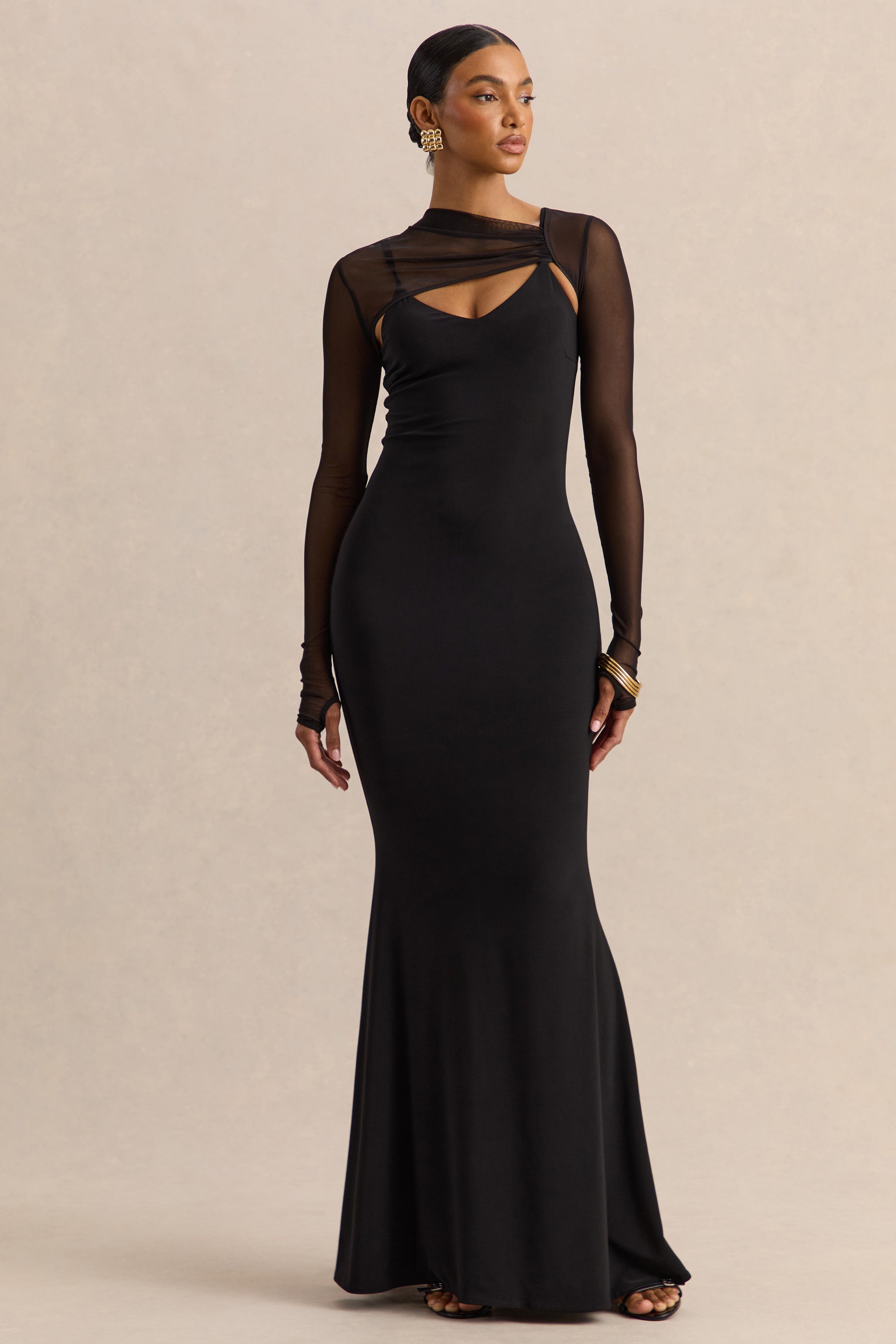 ECM_HR_CL138055001 - Coralia - Black Asymmetric-Neck Maxi Dress With Mesh Long-Sleeves - 28.jpg