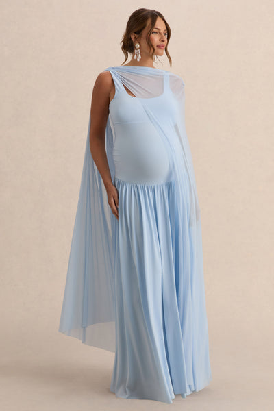 Louella | Light Blue Round-Neck Maternity Maxi Dress With Sheer Cape – Club L London