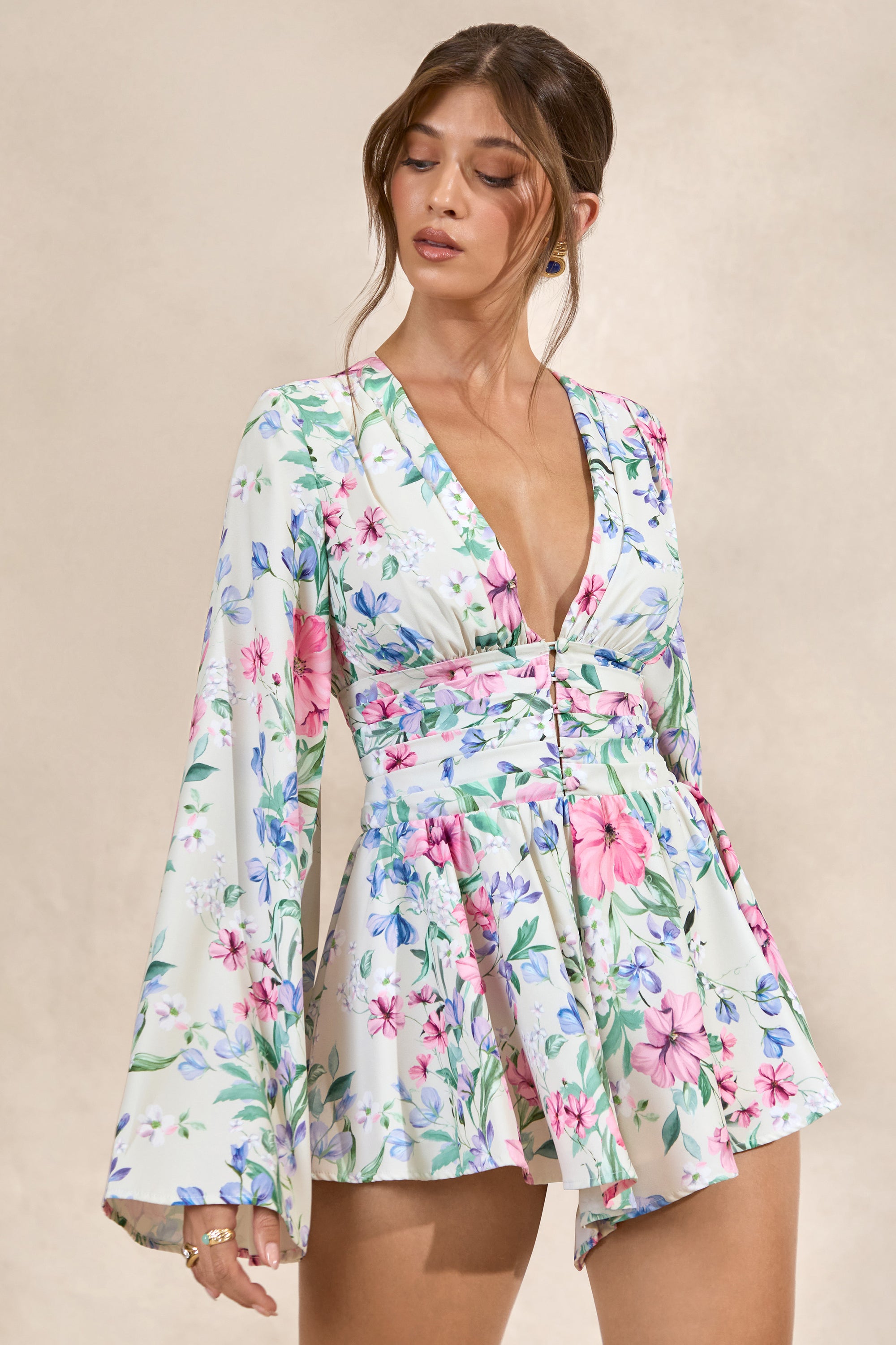 CL138202111 - Kismet _ Cream Floral Print Plunge-Neck Playsuit With Bell Sleeves1.jpg