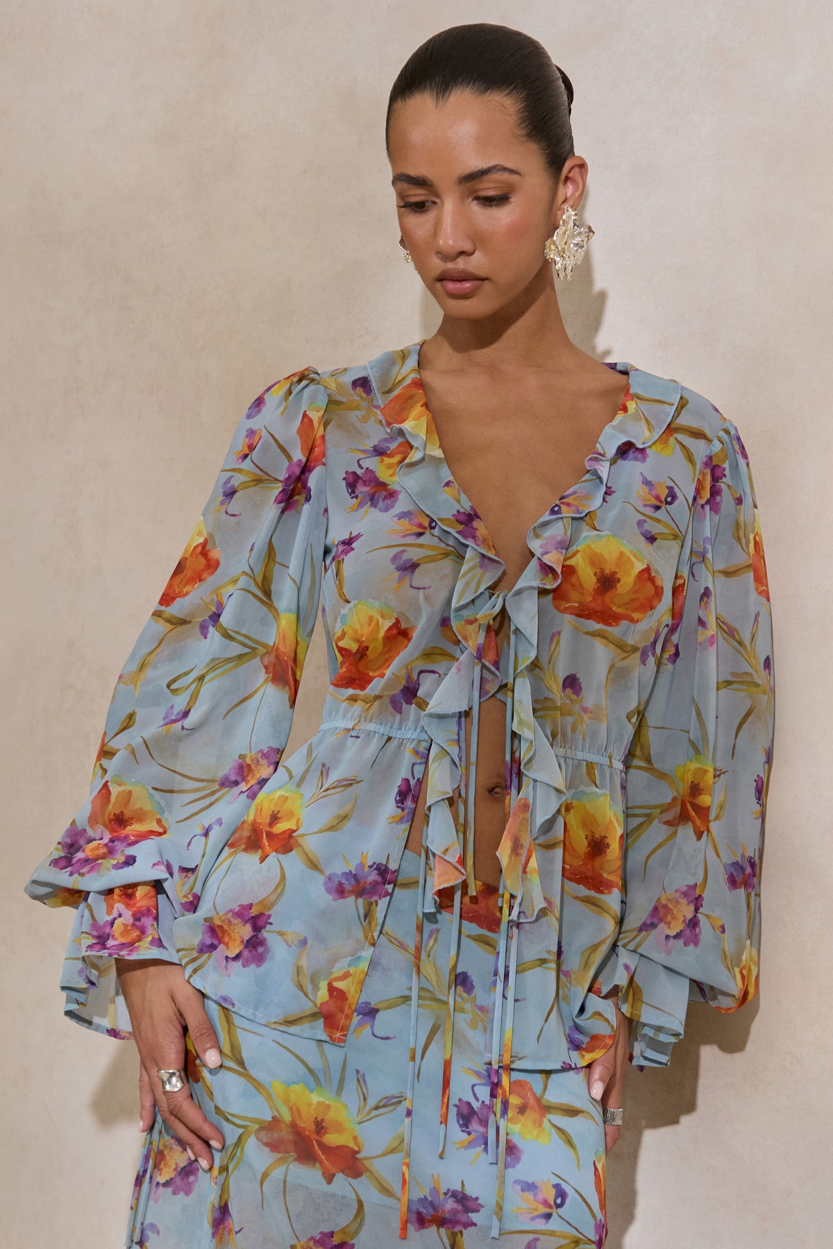 CL138215016 - Alveta _ Blue Floral Chiffon Sheer V-Neck Top With Ruffled Detailing 4.jpg