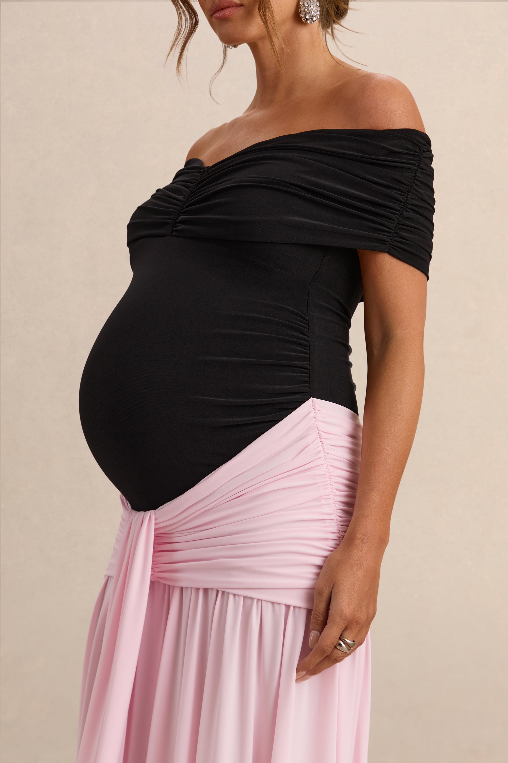 ECM_HR_CL138247081 - Eudora - Black & Light Pink Bardot-Neck Maternity Maxi Dress With Gathered Detailing  3.jpg