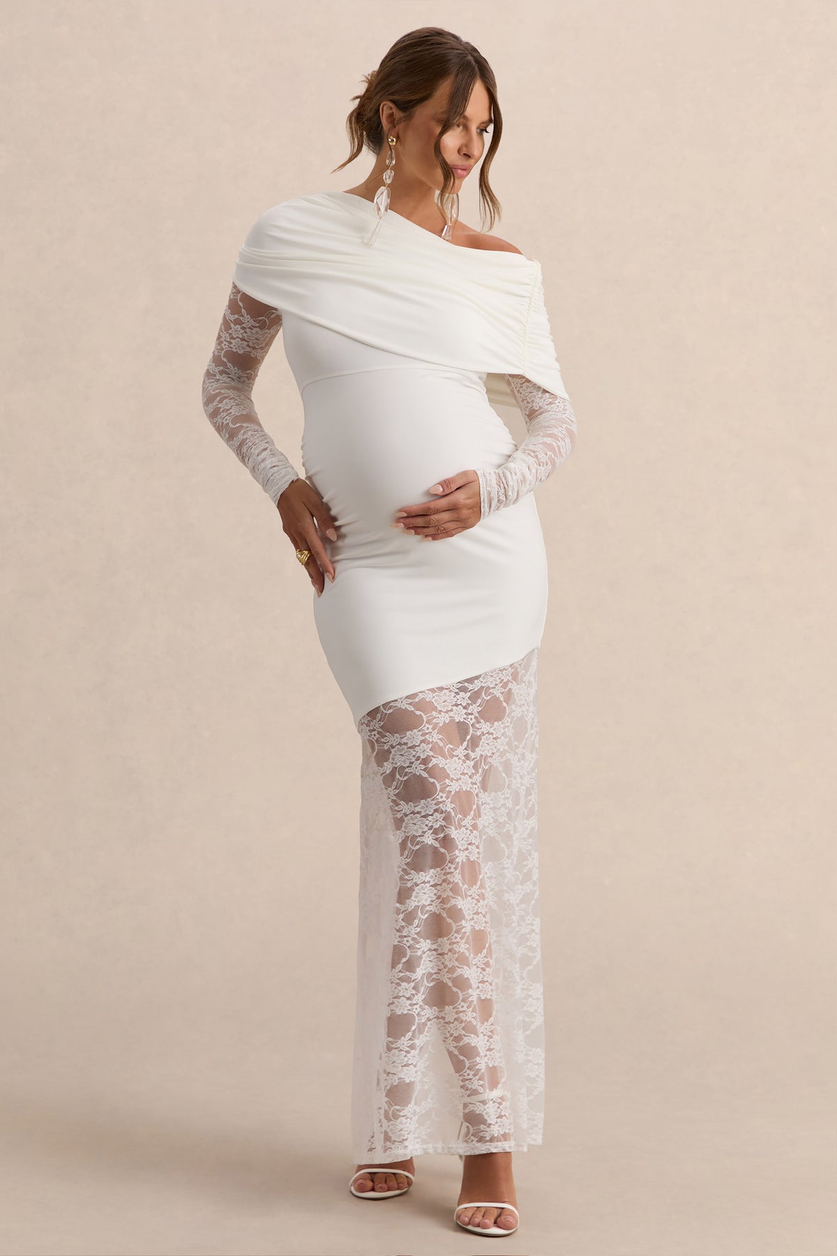 maternity maxi dress white long Maternity Smocked Long Dress- White A lace mesh overlay maternity maxi dress featuring beautiful scalloped trim Momyknows White Ruffle Ruched High