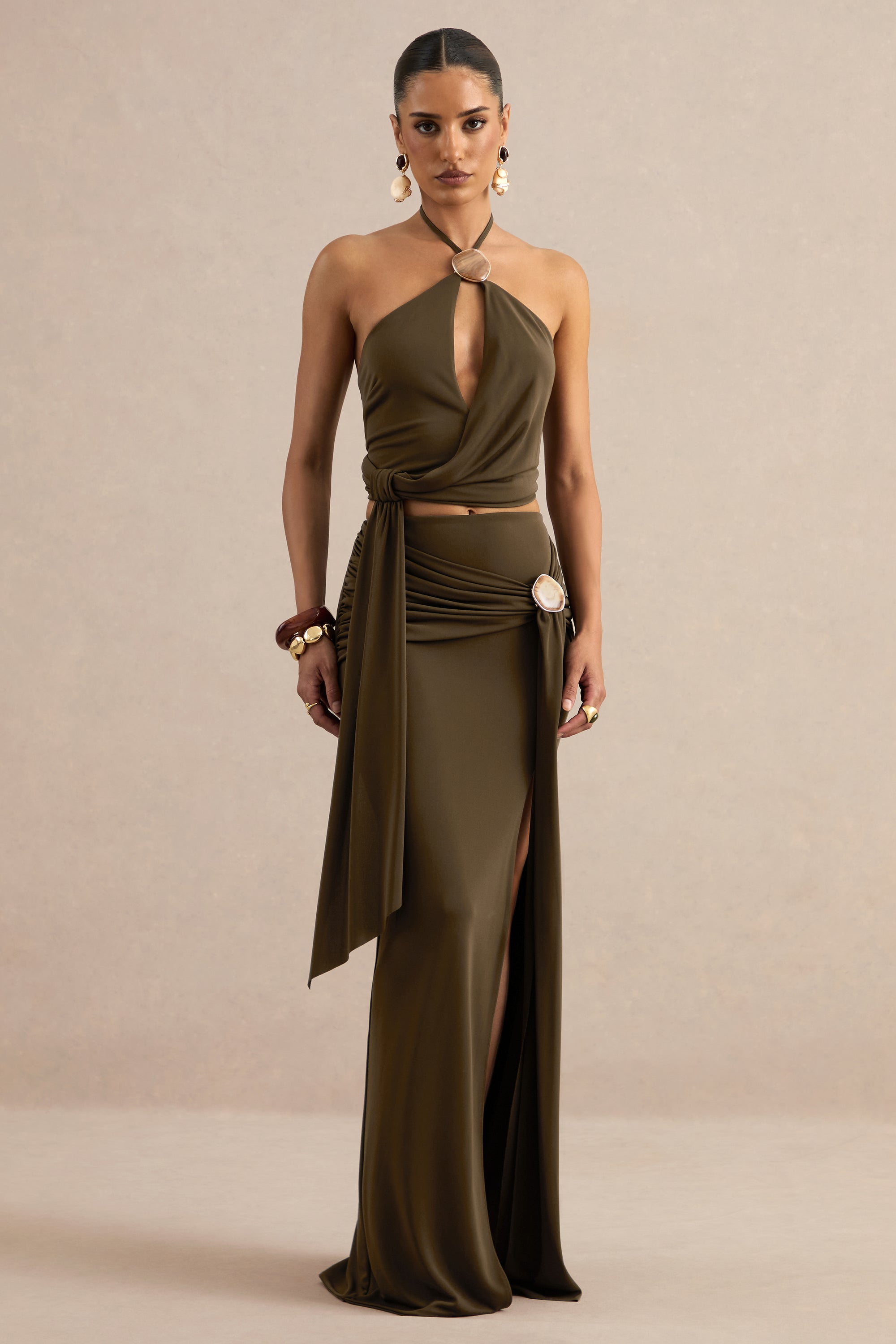 ECM_HR_CL138404035 - Liviana | Khaki Halter-Neck Top With Gathered Detailing And Gold Detail + CL138405035 - Liviana | Khaki Maxi Skirt With Gathered Detailing And Gold Detail 3.jpg