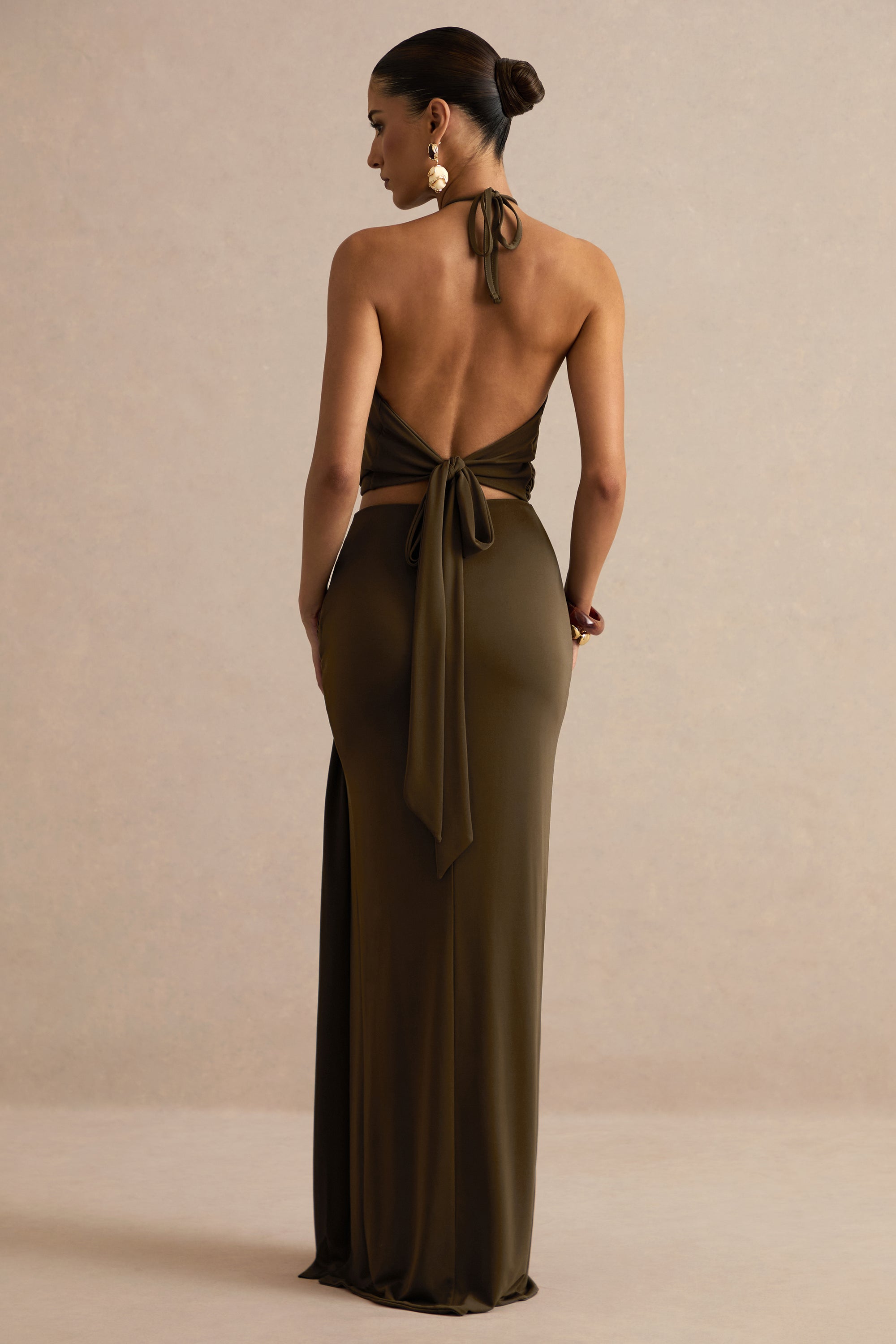 ECM_HR_CL138404035 - Liviana | Khaki Halter-Neck Top With Gathered Detailing And Gold Detail + CL138405035 - Liviana | Khaki Maxi Skirt With Gathered Detailing And Gold Detail 13.jpg