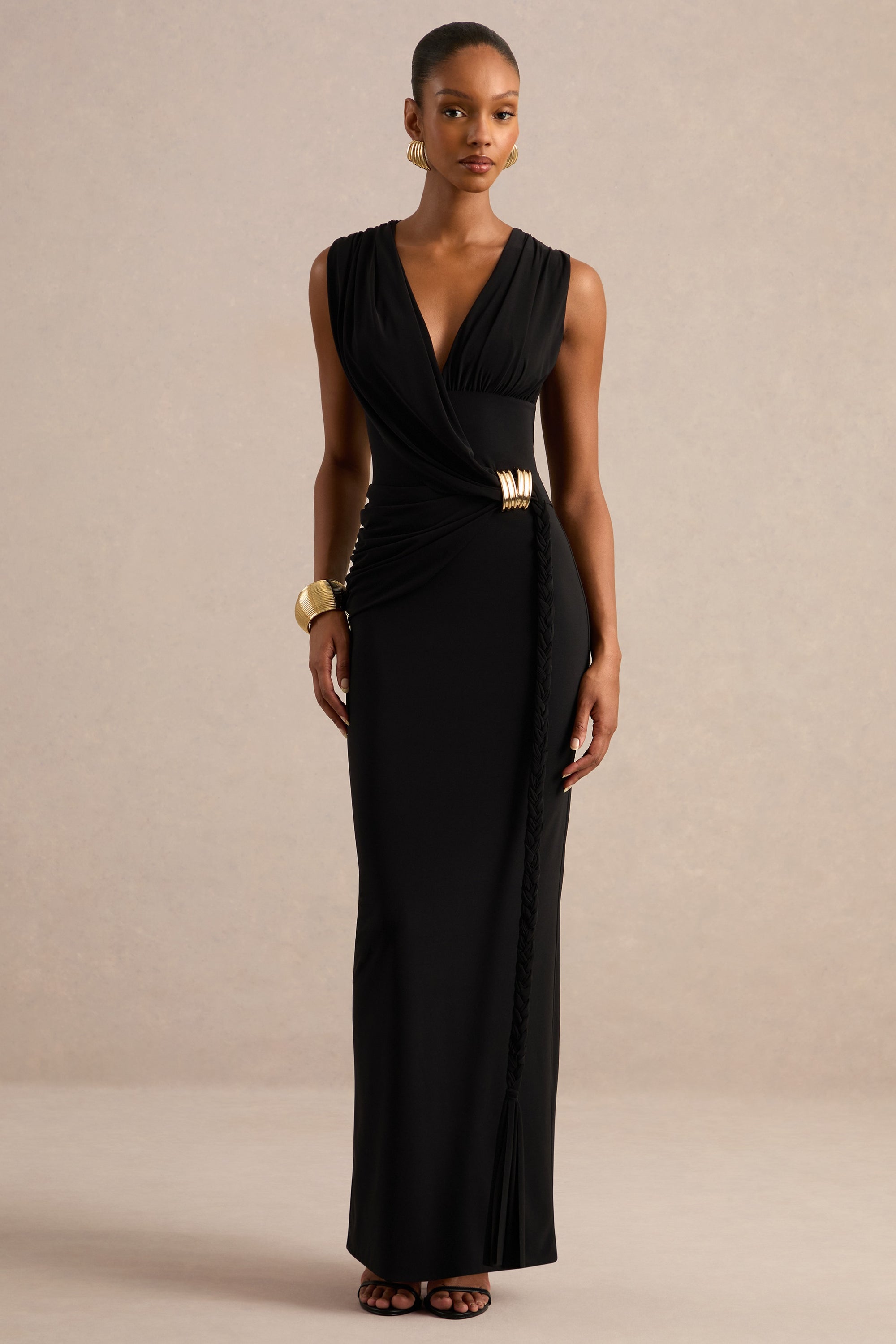 CL138423001 - Nalina _ Black Plunge-Neck Maxi Dress With Gathered Detailing And Gold Detail 0.jpg