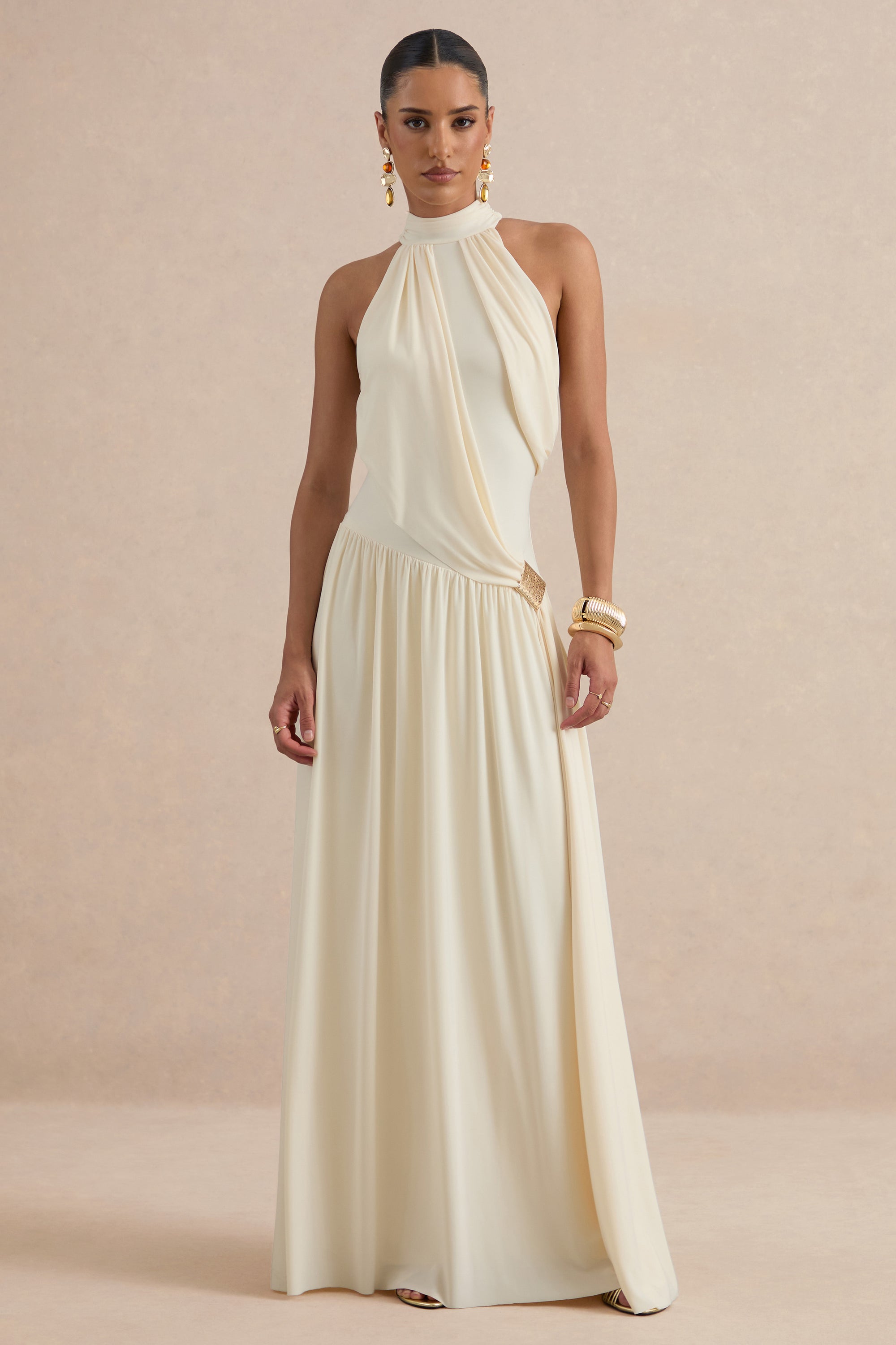 ECM_HR_CL138427111 - Sibel | Cream High-Neck Maxi Dress With Draped Detailing And Gold Detail 0.jpg