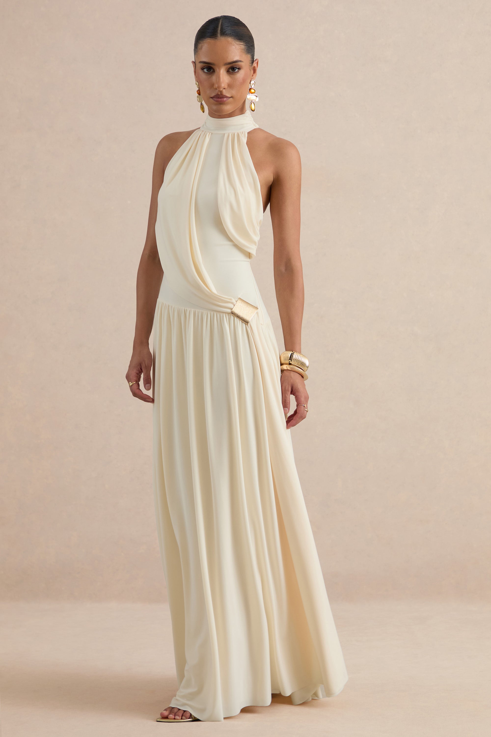 ECM_HR_CL138427111 - Sibel | Cream High-Neck Maxi Dress With Draped Detailing And Gold Detail 1.jpg