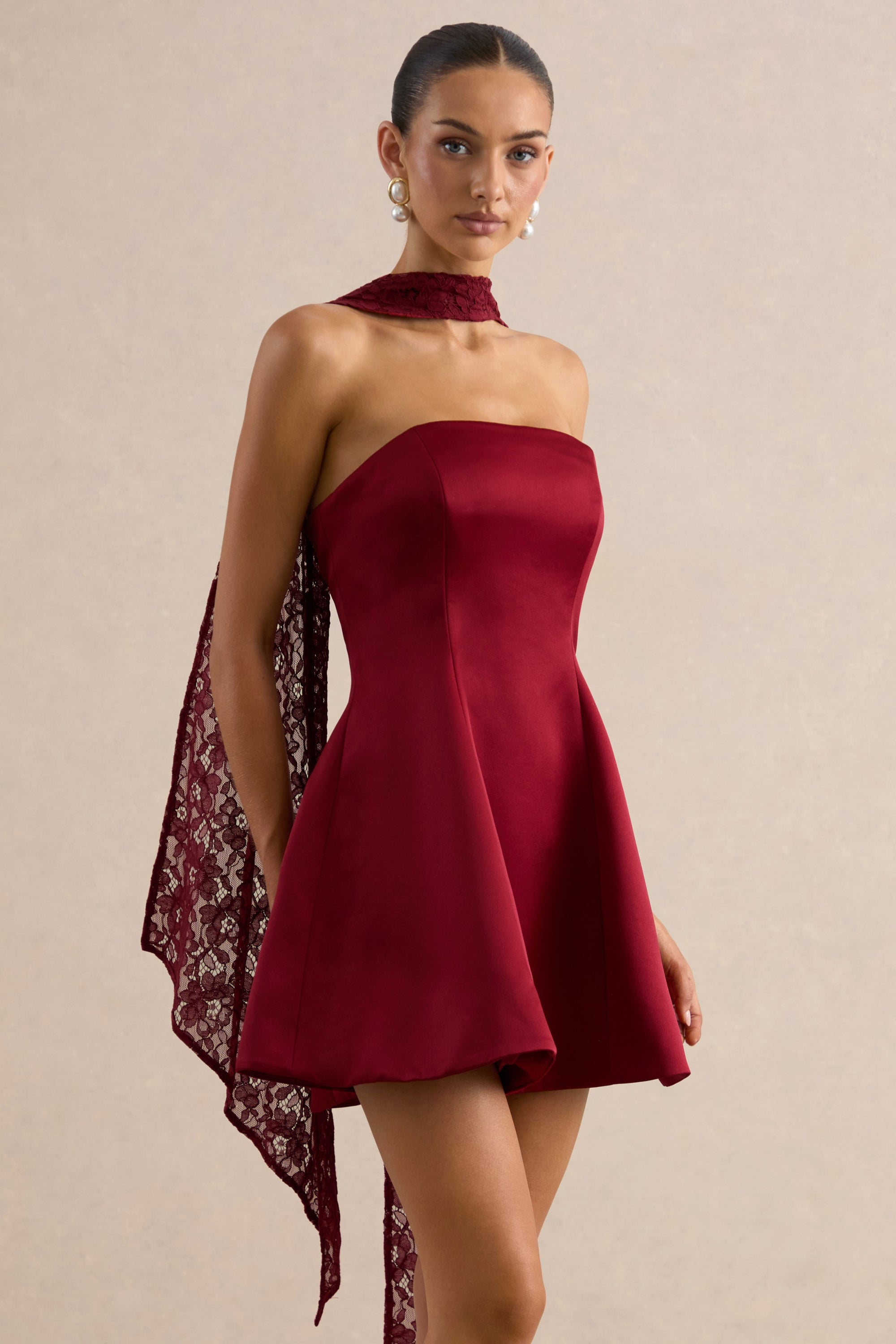 Lioray Burgundy Satin Bandeau-Neck A-Line Mini Dress cl138453102 and scarf CL138453102_1.jpg