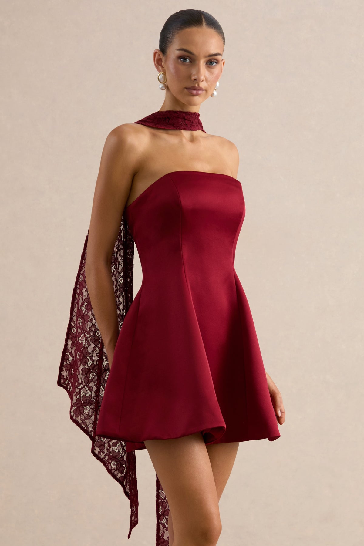 Lioray Burgundy Satin Bandeau-Neck A-Line Mini Dress cl138453102 and scarf CL138453102_1.jpg