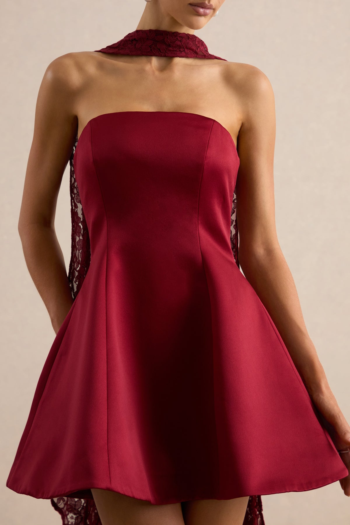 Lioray Burgundy Satin Bandeau-Neck A-Line Mini Dress cl138453102 and scarf CL138453102_3.jpg