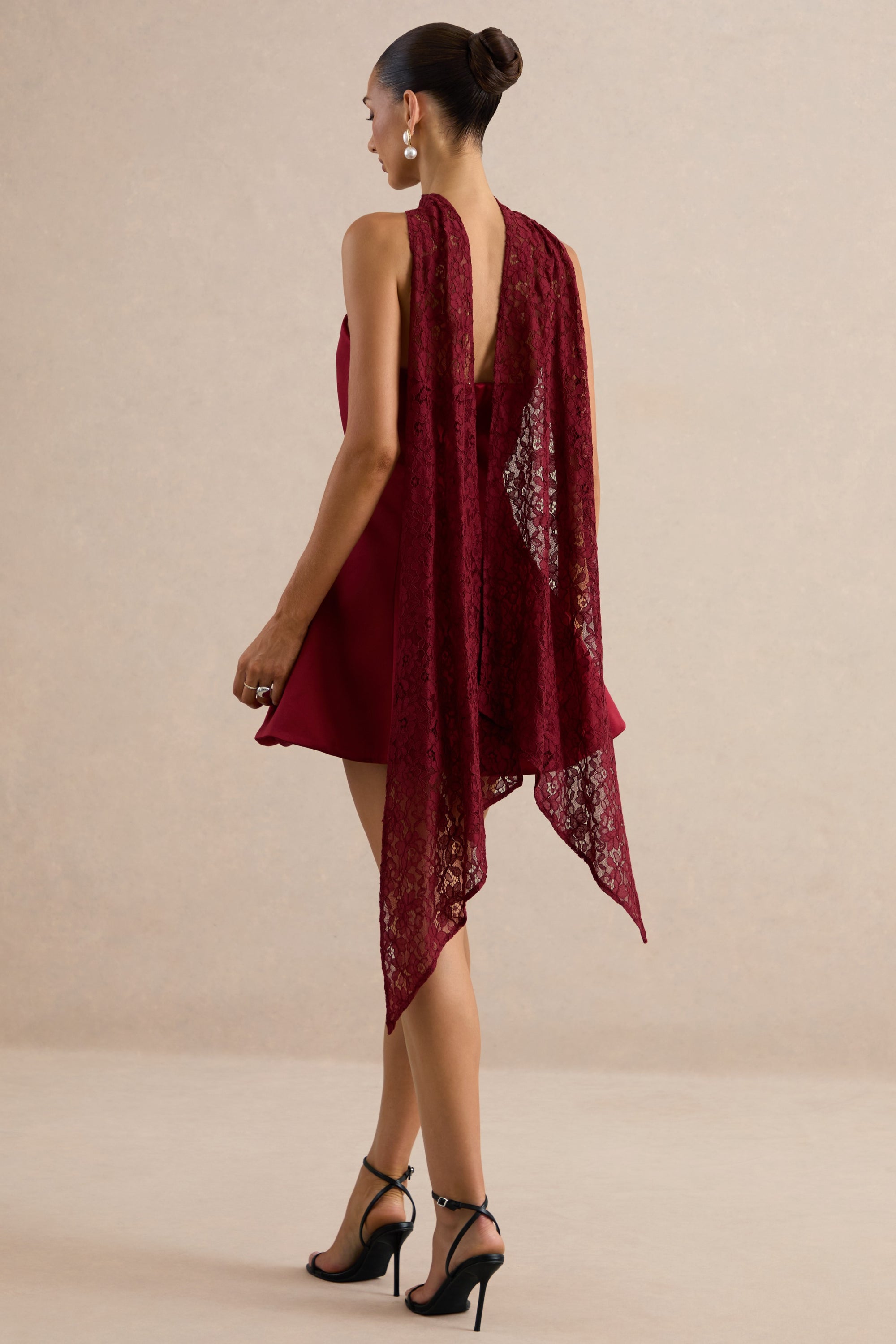 Lioray Burgundy Satin Bandeau-Neck A-Line Mini Dress cl138453102 and scarf CL138453102_8.jpg