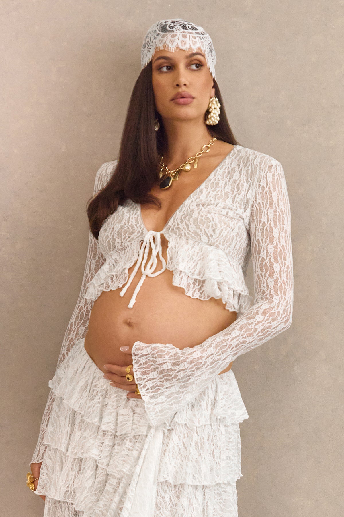 ECM_HR_CL138499110 - Astella _ White Lace Asymmetric-Waist Maternity Maxi Skirt With Ruffled Detailing + CL138498110 - Astella _ White Lace Plunge-Neck Maternity Top With Ruffled Trim11.jpg