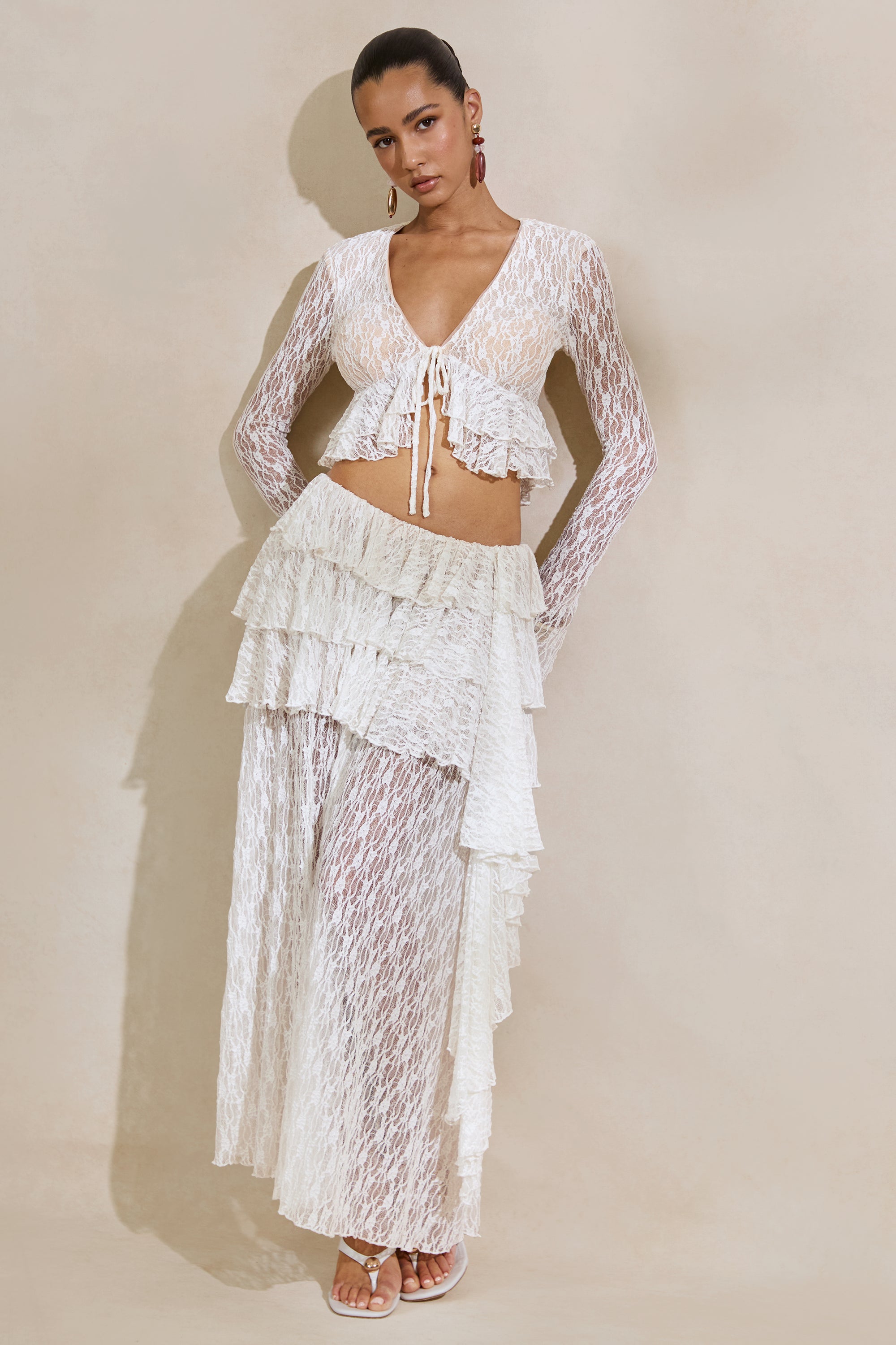 ECM_HR_CL138498110 - Astella | White Lace Plunge-Neck Maternity Top With Ruffled Trim + CL138499110 - Astella | White Lace Asymmetric-Waist Maternity Maxi Skirt With Ruffled Detailing3.jpg