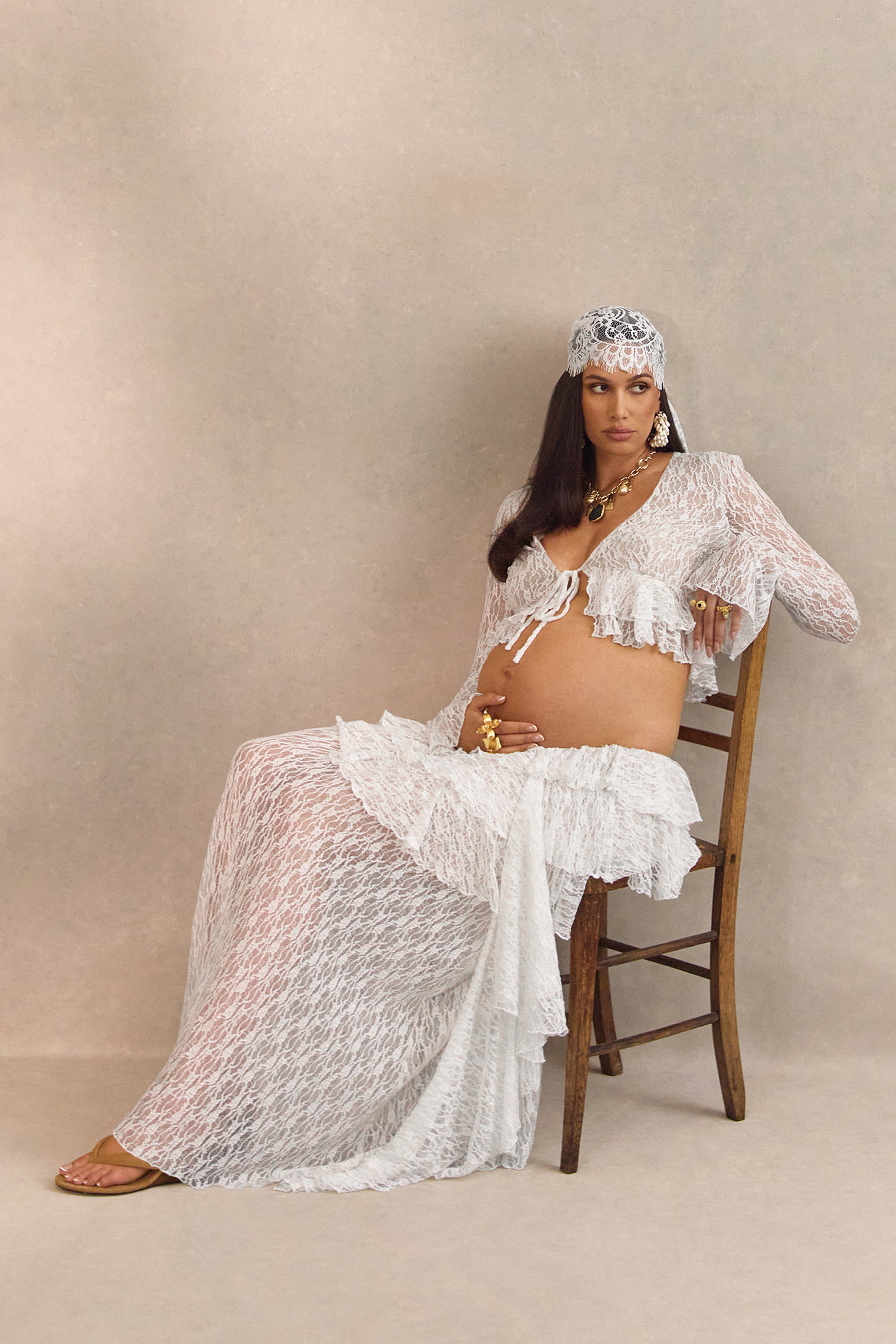 ECM_HR_CL138499110 - Astella _ White Lace Asymmetric-Waist Maternity Maxi Skirt With Ruffled Detailing + CL138498110 - Astella _ White Lace Plunge-Neck Maternity Top With Ruffled Trim13.jpg