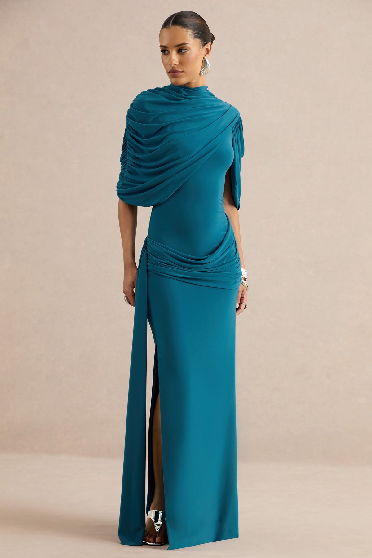 ECM_HR_CL138531036 - Eleri | Teal High-Neck Maxi Dress With One Short Cape Sleeve And Gathered Detailing 4.jpg
