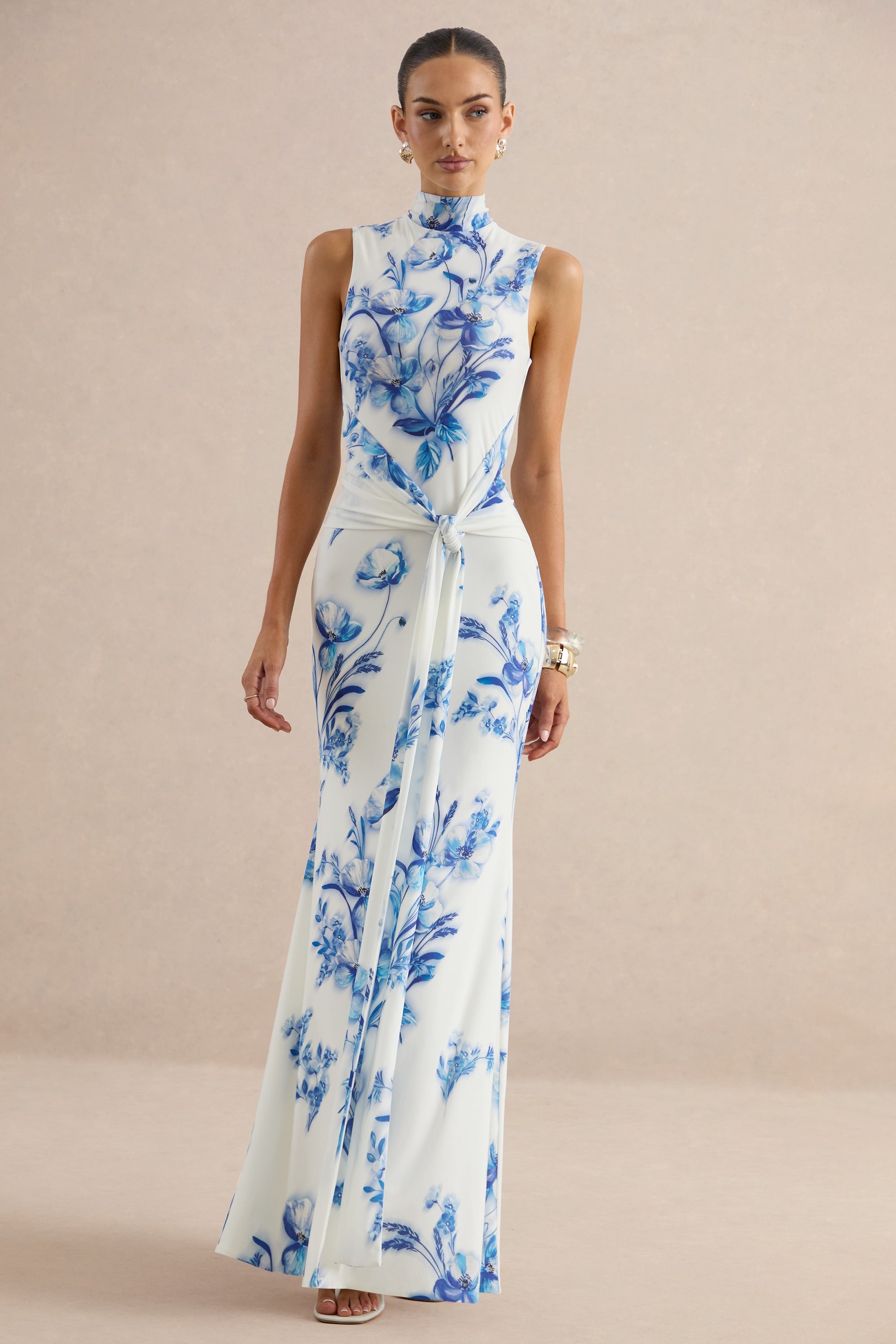 Isella Blue Floral Print High-Neck Maxi Dress With Gathered Detailing CL138567153 16.jpg