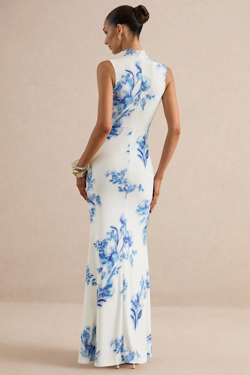 Isella Blue Floral Print High-Neck Maxi Dress With Gathered Detailing CL138567153 55.jpg