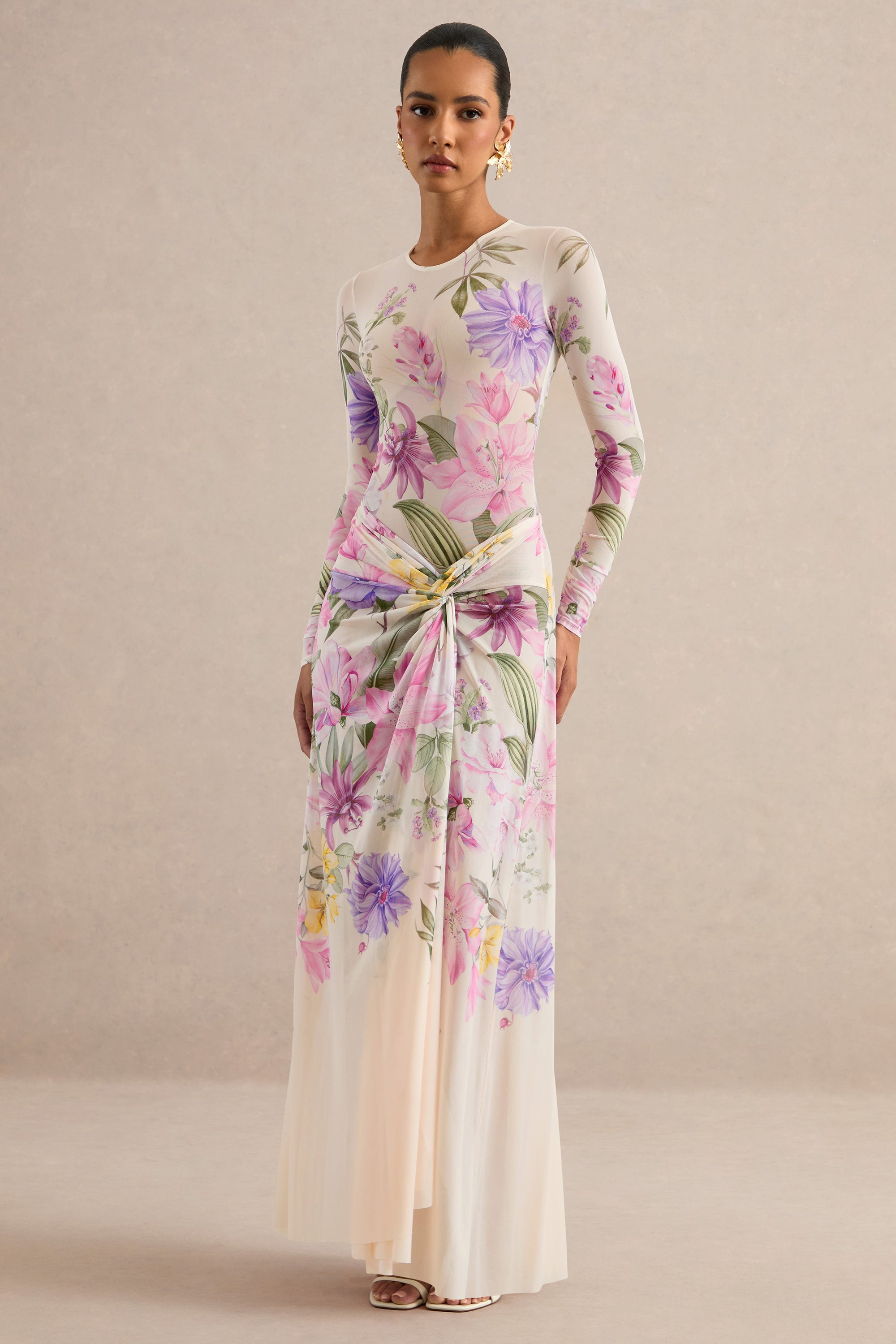 CL138604111 - Malva _ Cream Floral Print Mesh Maxi Skirt With Twist Detail And Front High Split 1.jpg