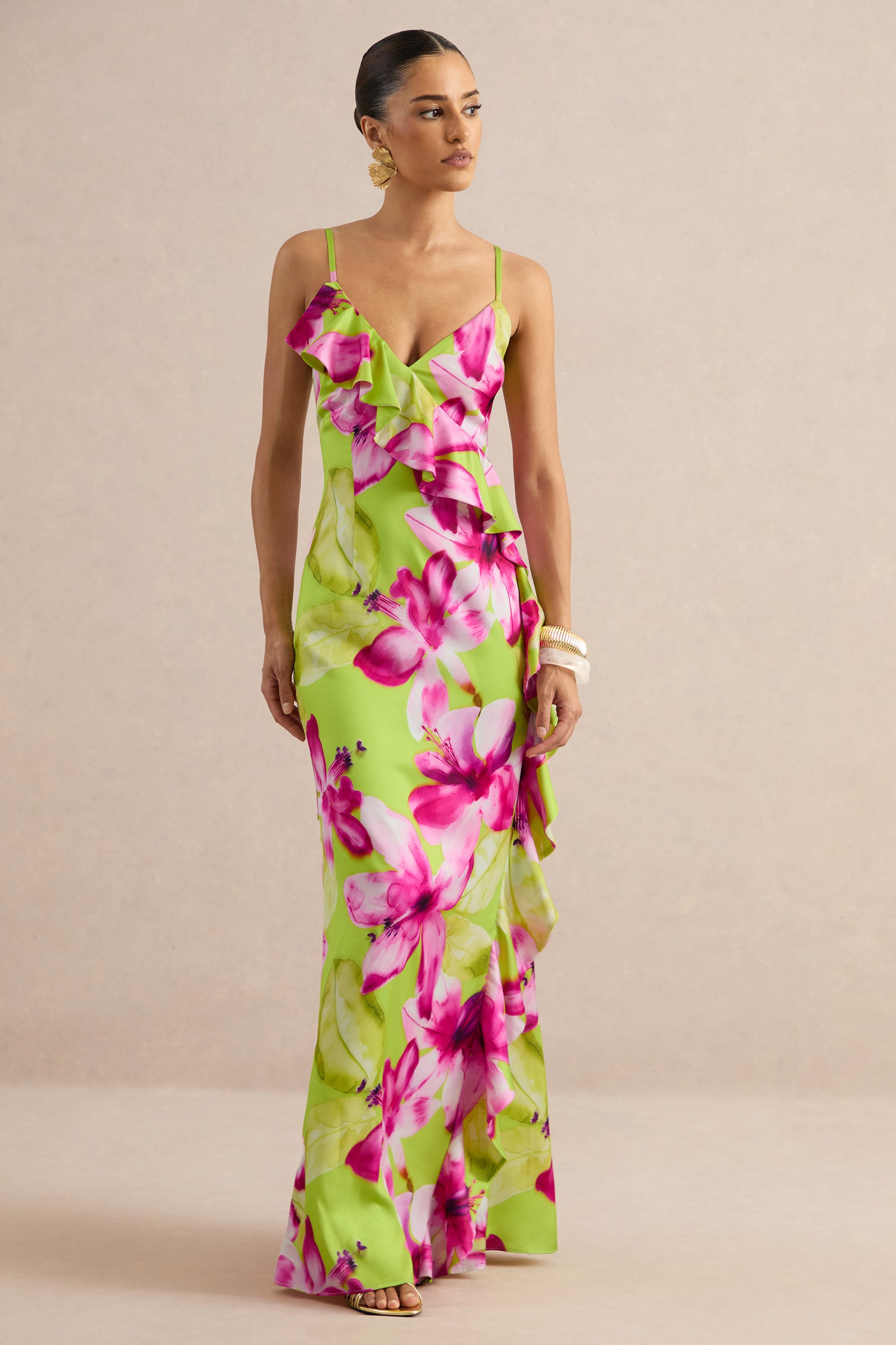 ECM_HR_Marcelina Lime And Pink Floral Print Satin V-Neck Maxi Dress With Ruffled Detailing CL138609034 16.jpg