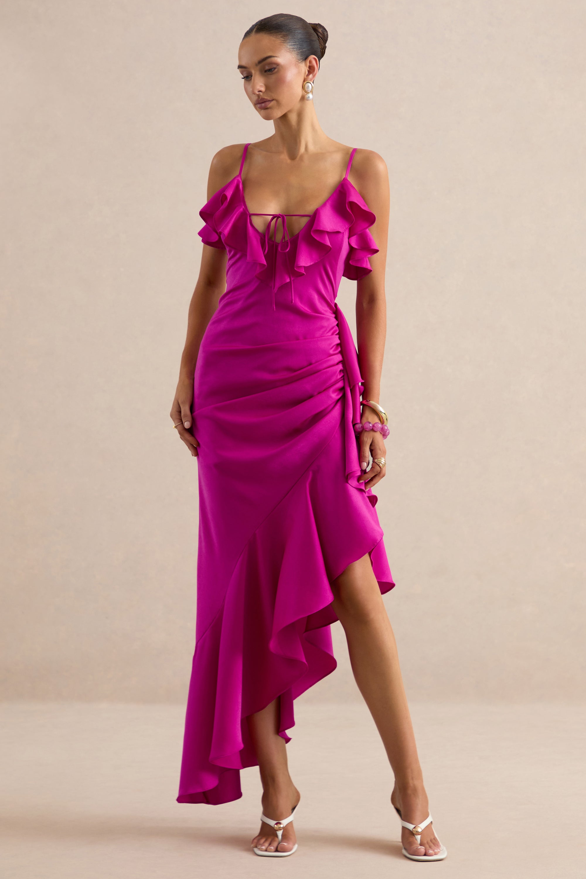 ECM_HR_CL138627084 - Salvina | Pink Satin V-Neck Maxi Dress With Ruffled Detailing And Scarf Detail 1.jpg