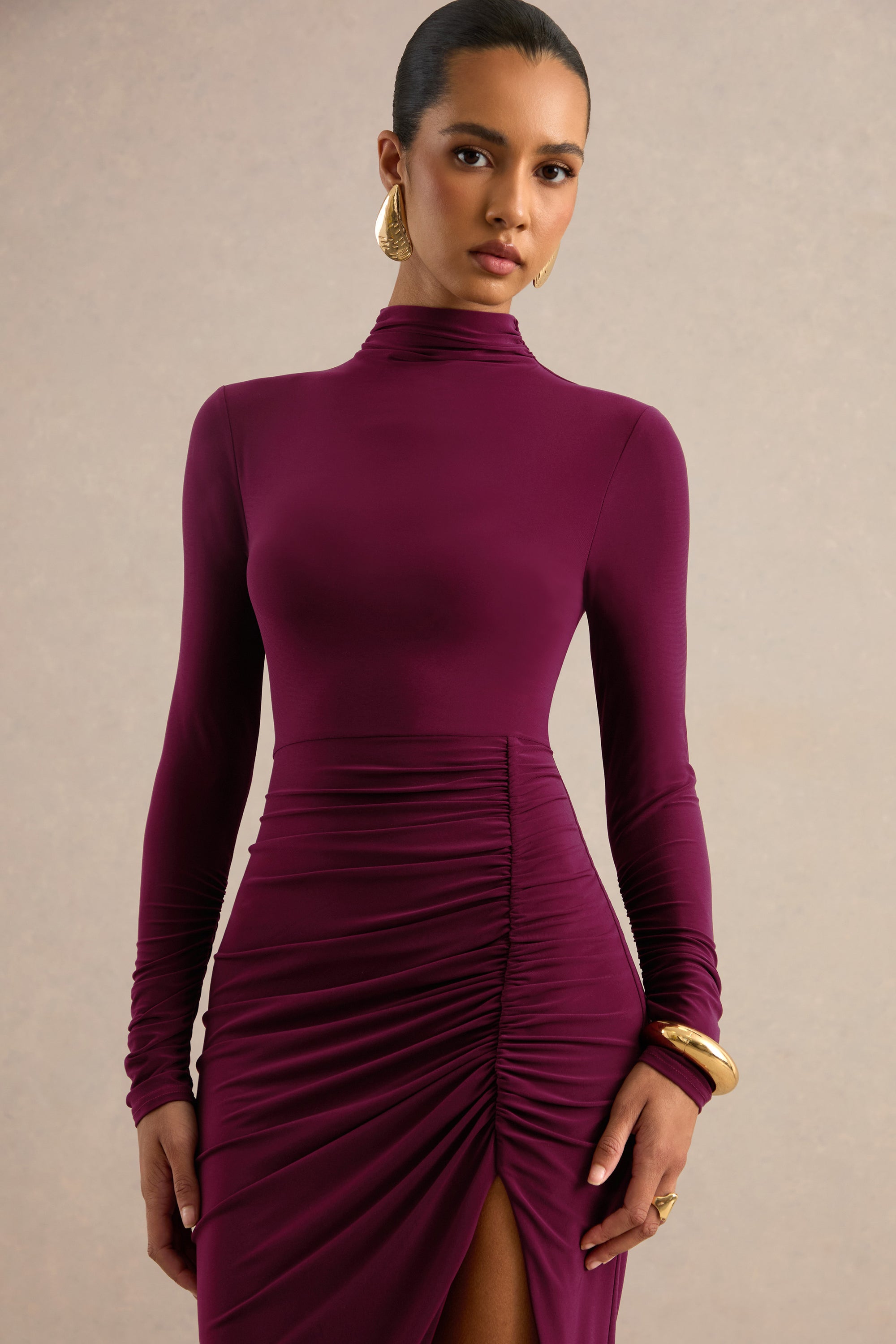 ECM_HR_CL138788102 -  Faylinn _ Burgundy High-Neck Midi Dress With Draped Detailing And Front Split 3.jpg