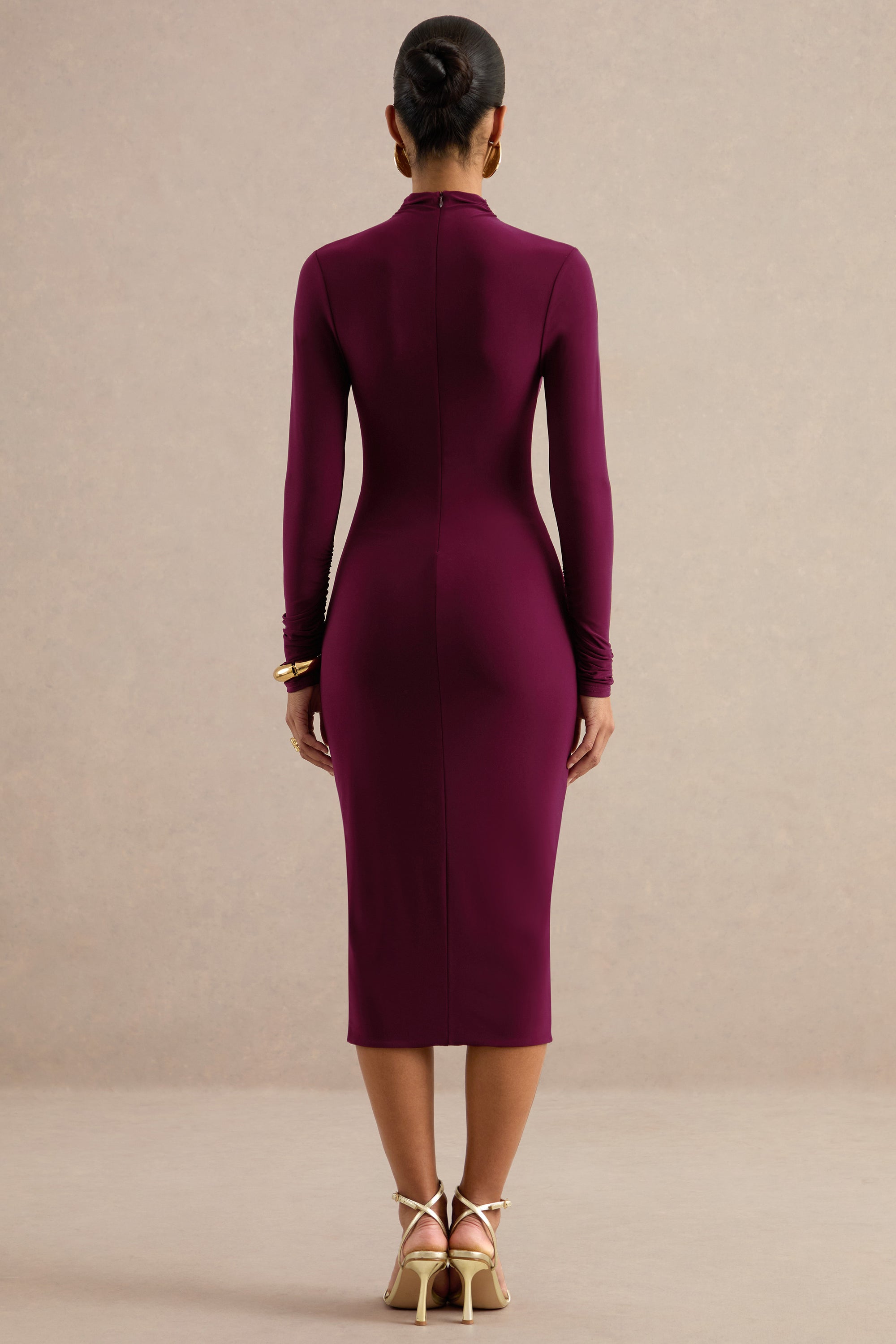 ECM_HR_CL138788102 -  Faylinn _ Burgundy High-Neck Midi Dress With Draped Detailing And Front Split 6.jpg