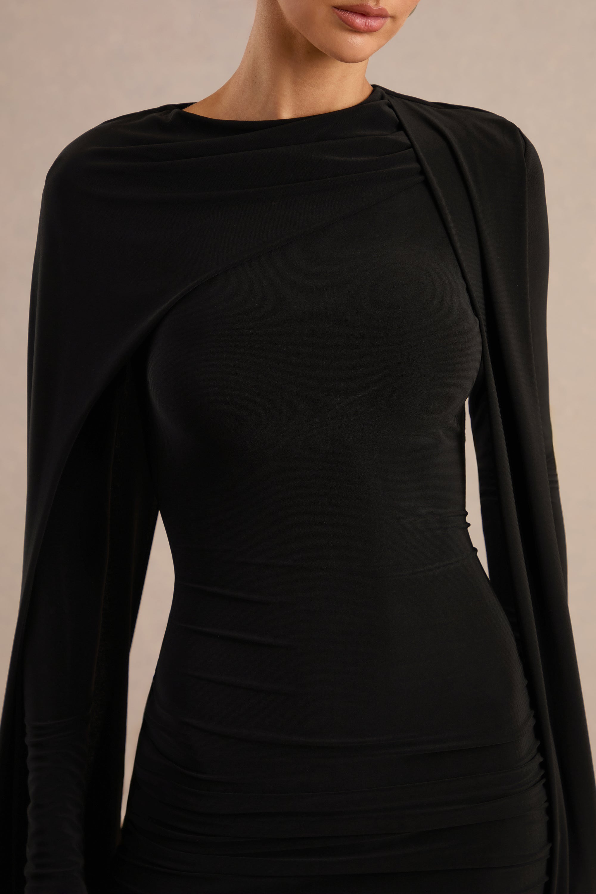 ECM_HR_CL138801001 - Ilse | Black Round-Neck Mini Dress With Draped Detailing And Cape 5.jpg