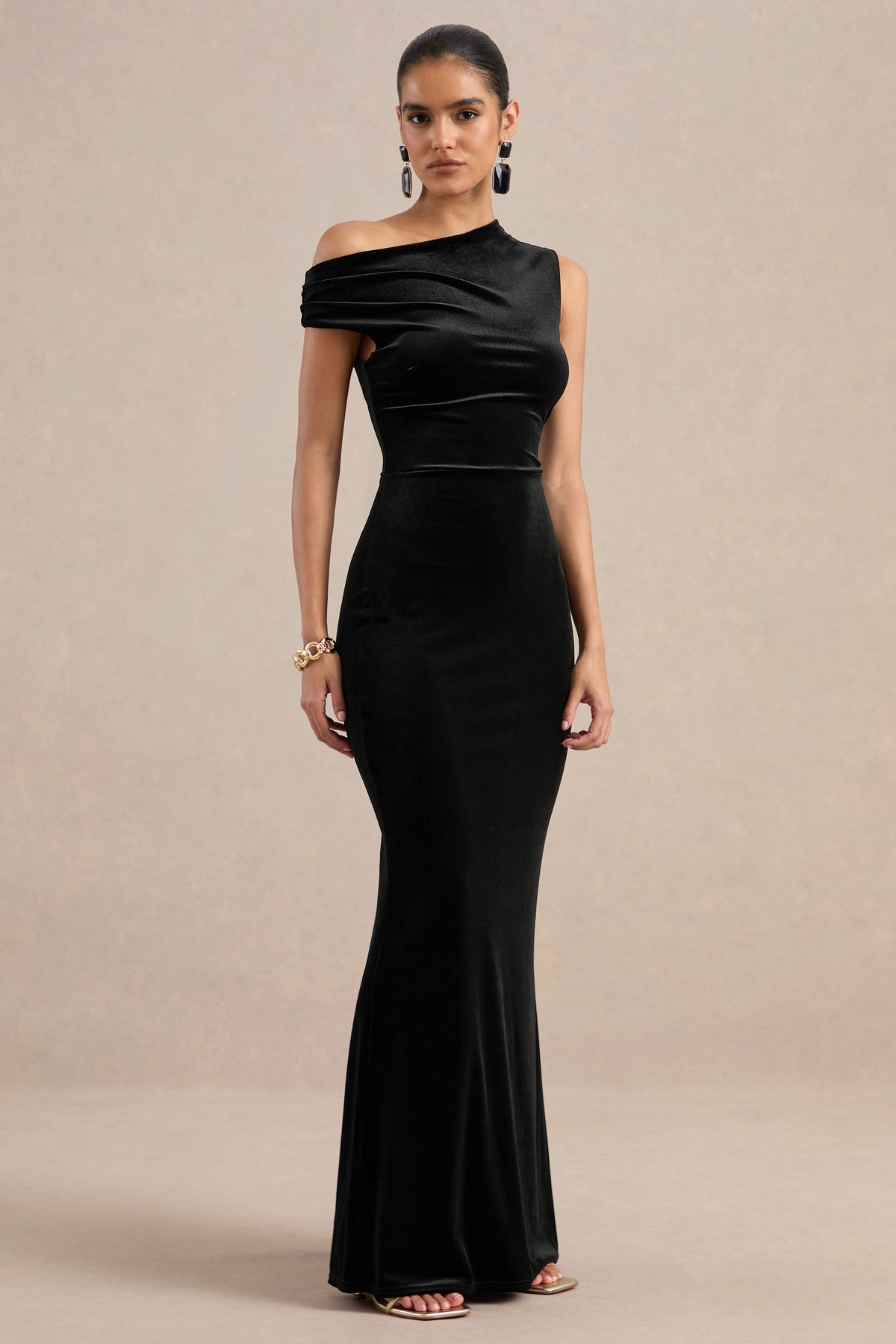 ECM_HR_CL138915001 - Taramira - Black Velvet One Shoulder Short Sleeve Maxi Dress with Split1.jpg