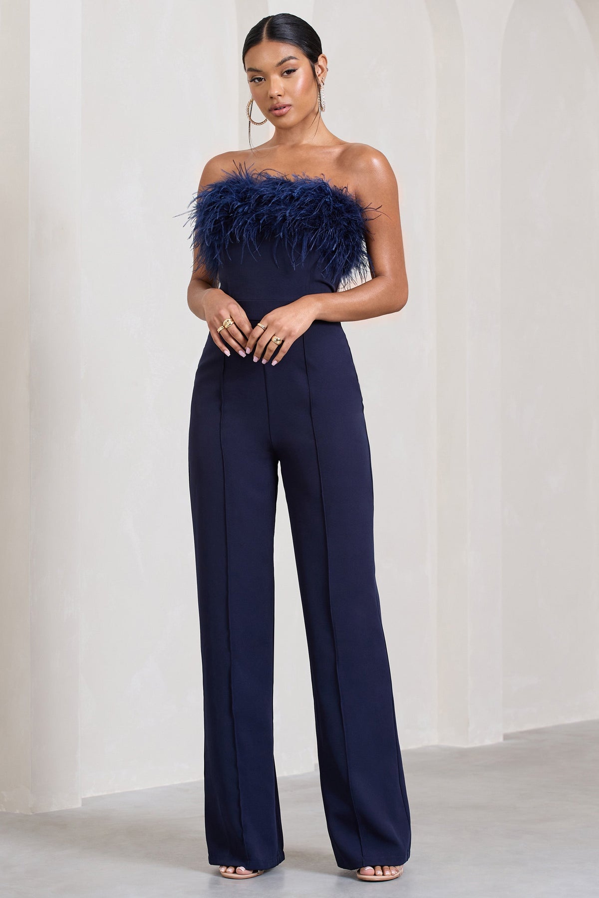 First Class | Navy Bandeau Feather Wide Leg Jumpsuit